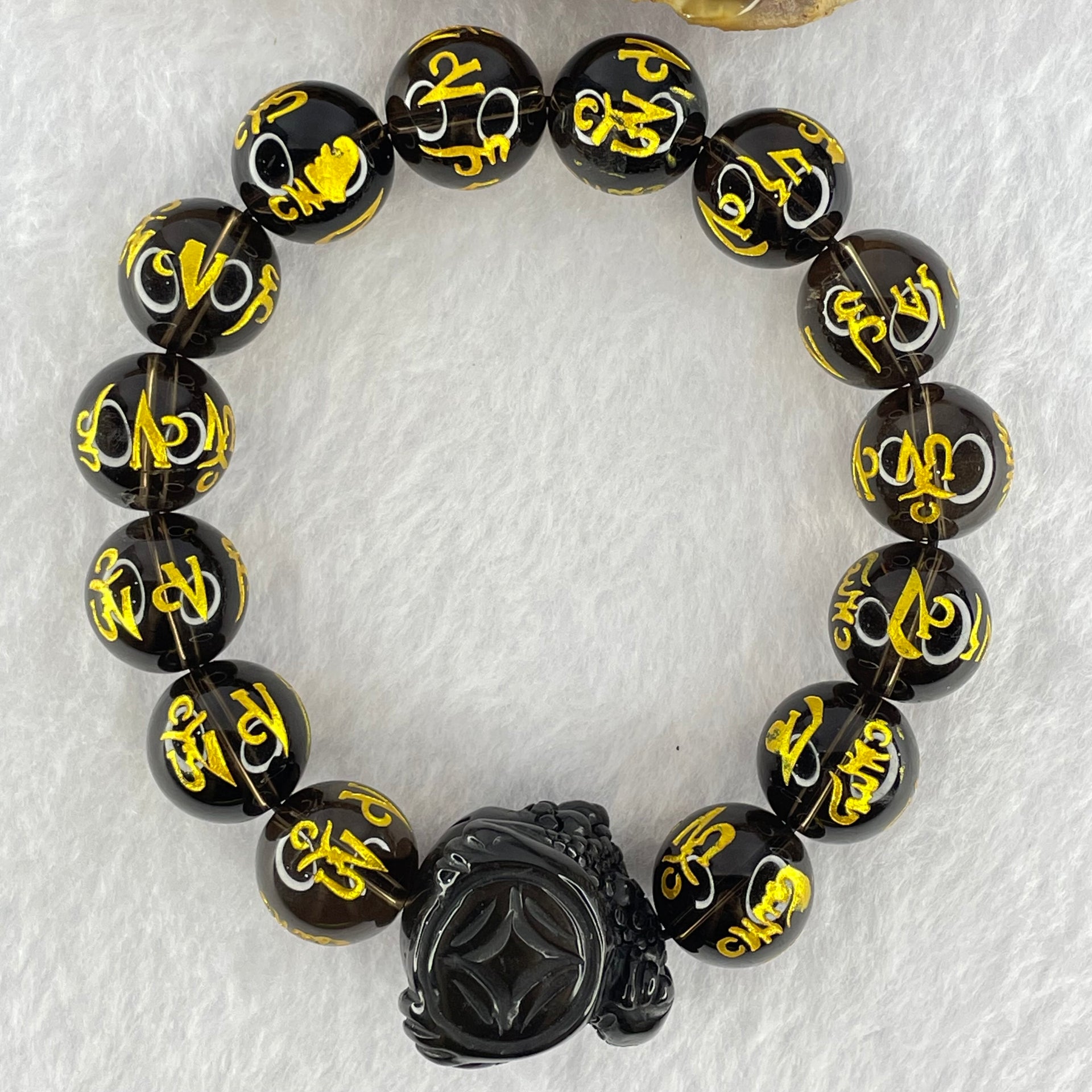 Natural Smoky Quartz Om Mani Padme Hum Beads Bracelet with Black Onyx 3 Legged Toad Charm 24.5 by 27.4 by 20.2mm 67.40g 19cm 14.1mm 14 Beads - Huangs Jadeite and Jewelry Pte Ltd