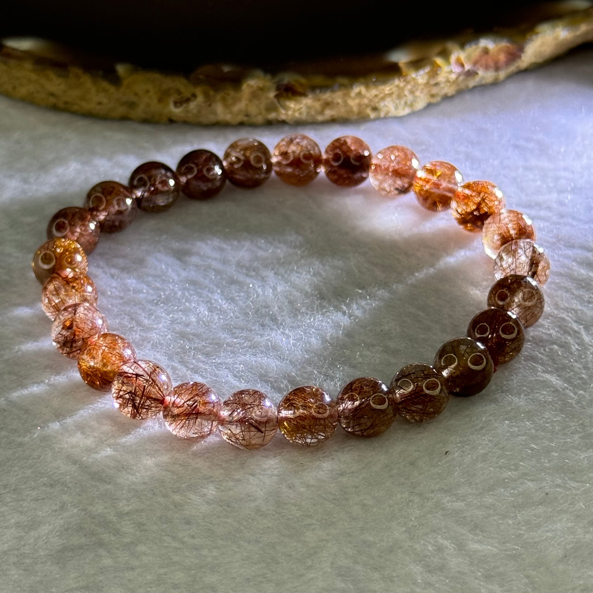 Natural Copper Rutilated Quartz Beads Bracelet 天然銅髮晶手镯 16.12g 16cm 7.9mm 25 Beads - Huangs Jadeite and Jewelry Pte Ltd