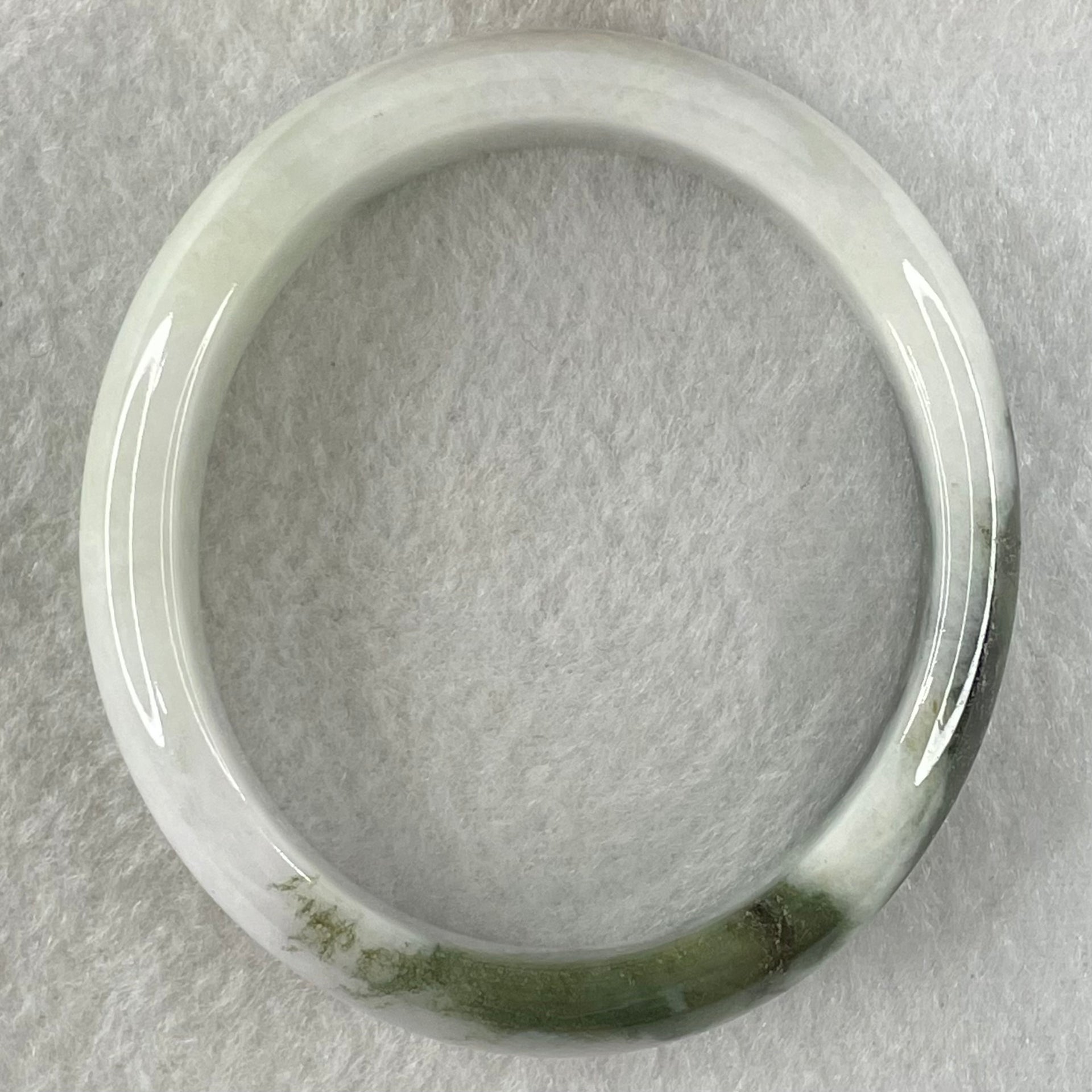Type A Faint Lavender with Moss Green Patches Jadeite Oval Bangle 43.11g Internal Diameter 53.3mm 13.5 by 6.9mm (Slight External Roughs and Internal Lines) - Huangs Jadeite and Jewelry Pte Ltd
