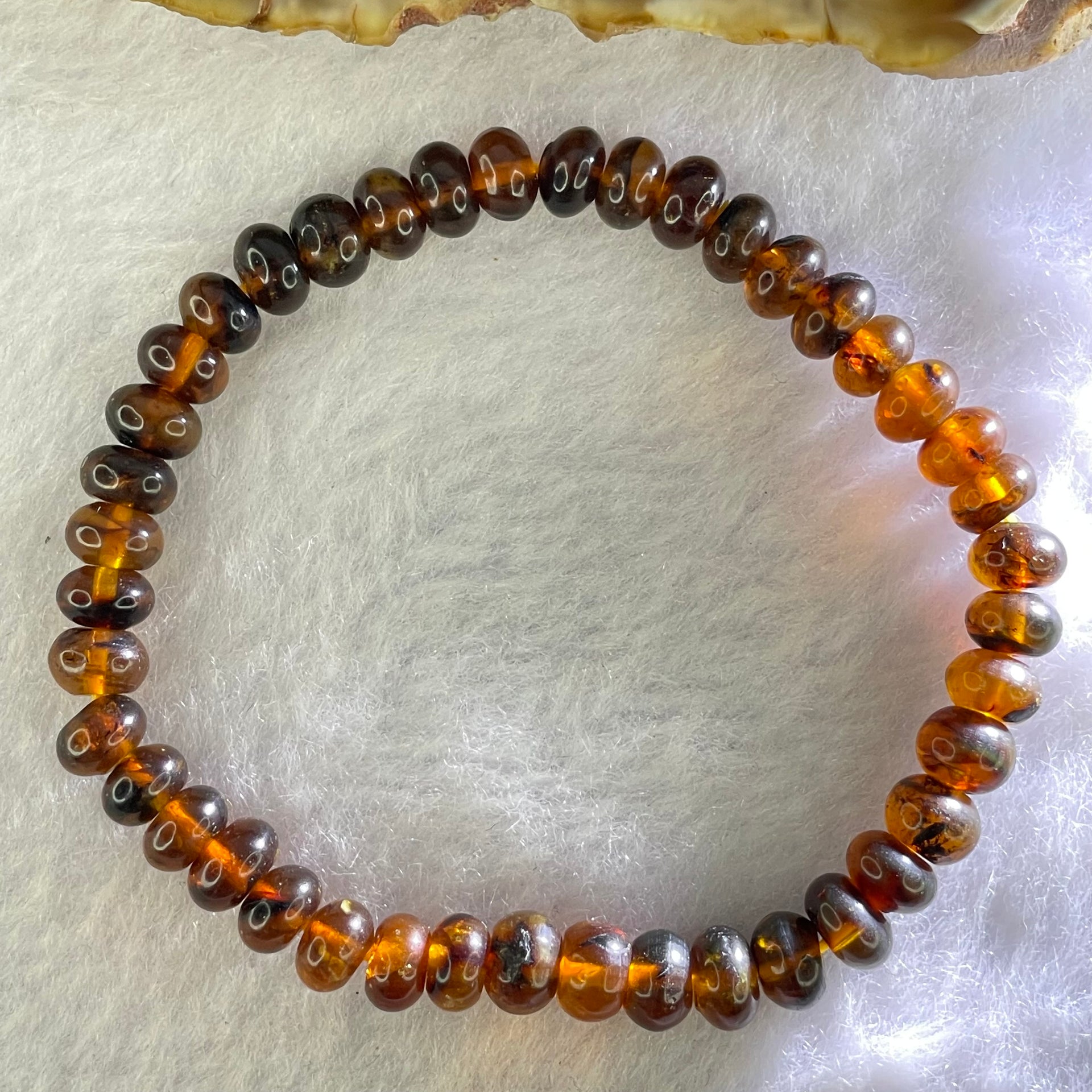 Natural Dark Brownish Yellow Medicine Amber Beads Bracelet 天然抚顺药珀手链 4.21g 14.5cm 6.7 by 42 Beads - Huangs Jadeite and Jewelry Pte Ltd