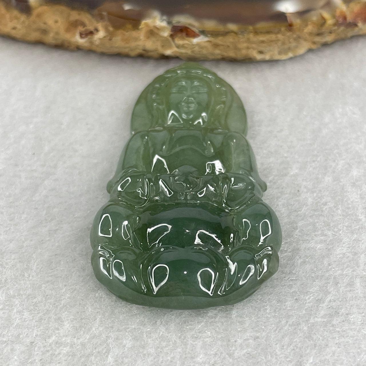 Natural Type A Semi-Icy Blueish Green Jadeite Guan Yin Pendant | 15.12g Goddess of Mercy Protective Amulet (49.9mm)