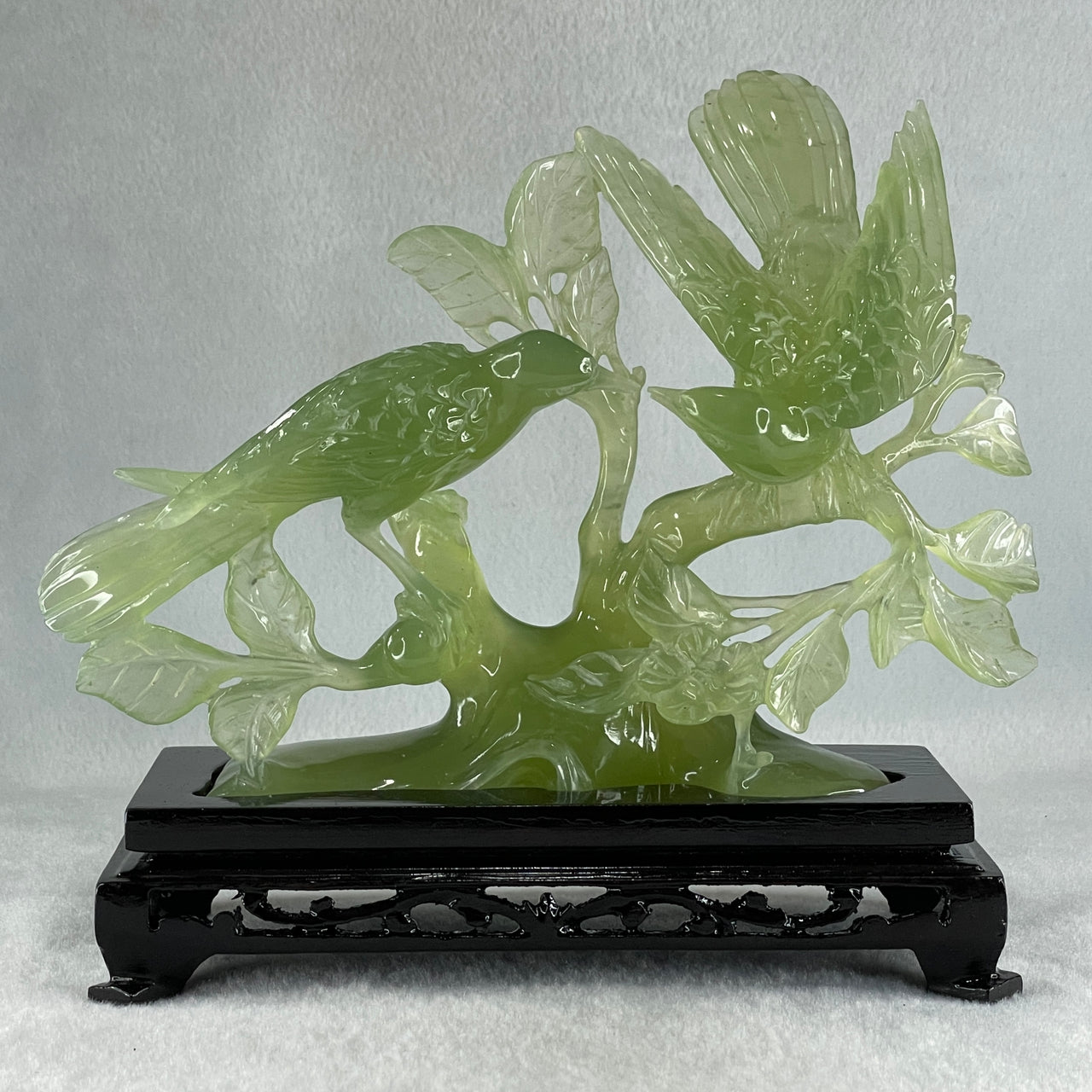 Natural Green Serpentine Double Magpies Birds on Tree with Wooden Stand Display 500.5g 195.0 by 80.0 by 170.0mm - Huangs Jadeite and Jewelry Pte Ltd