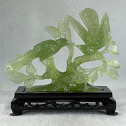 Natural Green Serpentine Double Magpies Birds on Tree with Wooden Stand Display 500.5g 195.0 by 80.0 by 170.0mm - Huangs Jadeite and Jewelry Pte Ltd