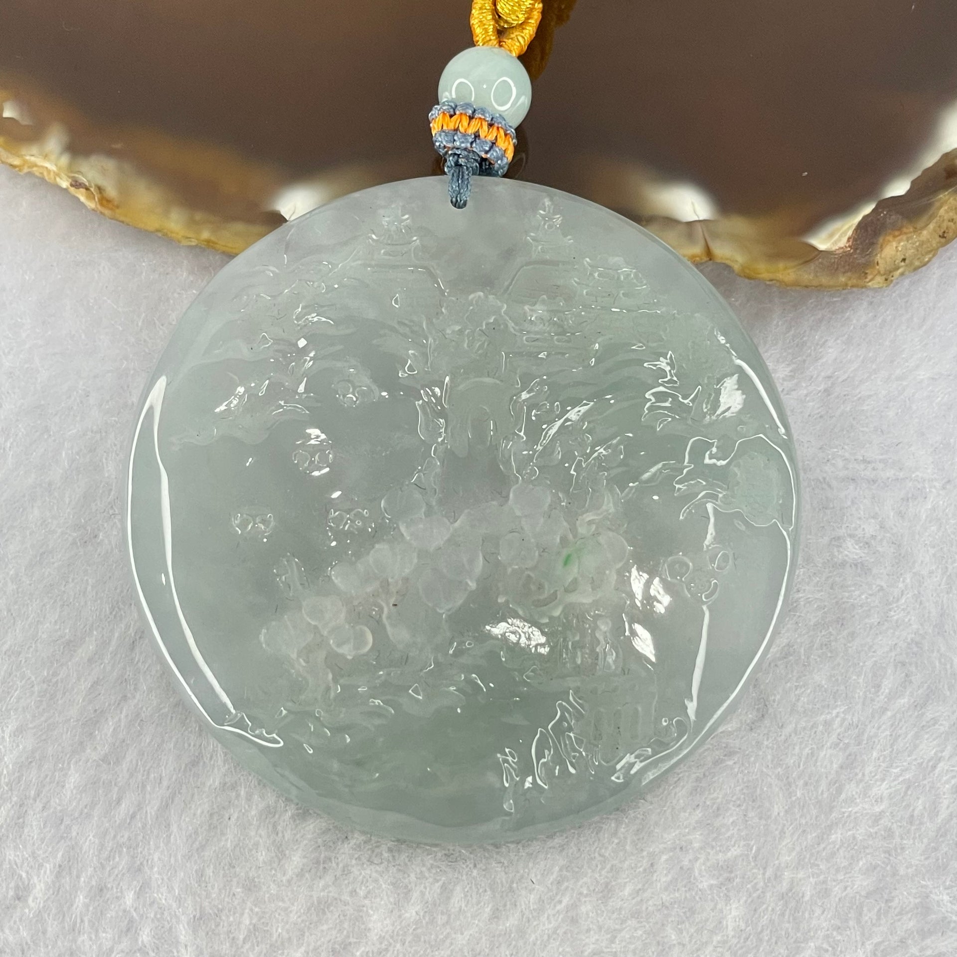 Type A Icy Lavender Double Sided Jadeite Shan Shui with Double Gui Ren  Benefactor Pendant by