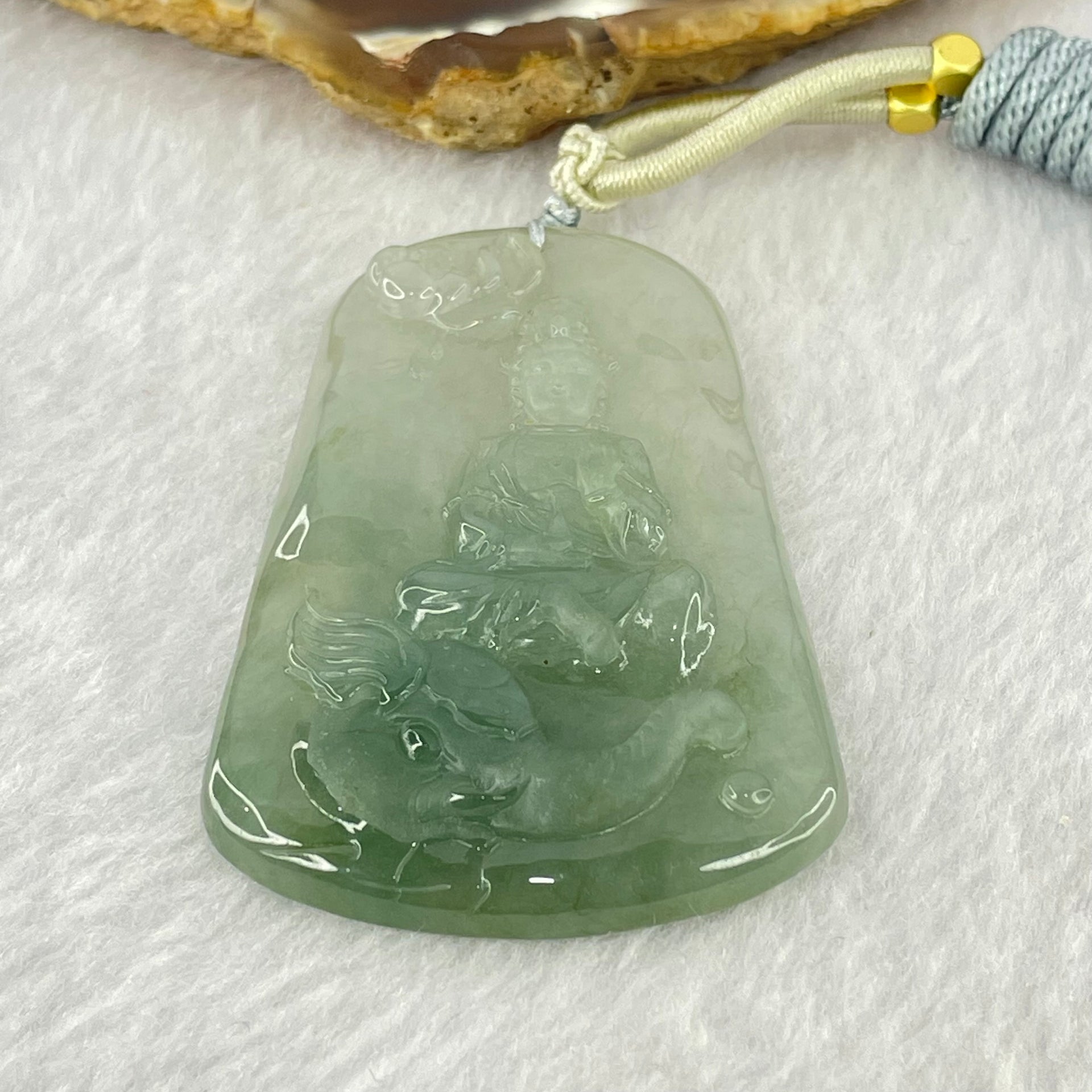 Type A Semi Icy Blueish Green Jadeite Guan Yin With Elephant and Flower Samantha Bodhisattva Pendant 31.38g 58.4 by 38.8 by 7.2mm - Huangs Jadeite and Jewelry Pte Ltd