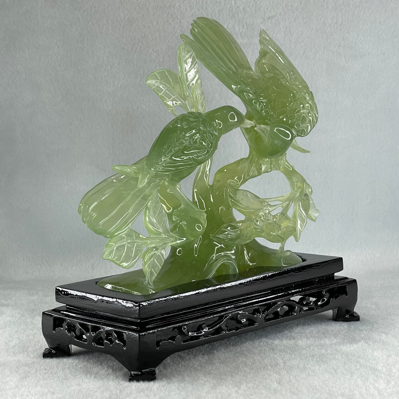 Natural Green Serpentine Double Magpies Birds on Tree with Wooden Stand Display 500.5g 195.0 by 80.0 by 170.0mm - Huangs Jadeite and Jewelry Pte Ltd