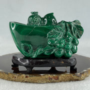 Natural Malachite Yuan Bao Ingot with Money bag and Longevity Beach with Wooden Stand Display 402.5g 96.5 by 45.8 by 76.0mm - Huangs Jadeite and Jewelry Pte Ltd