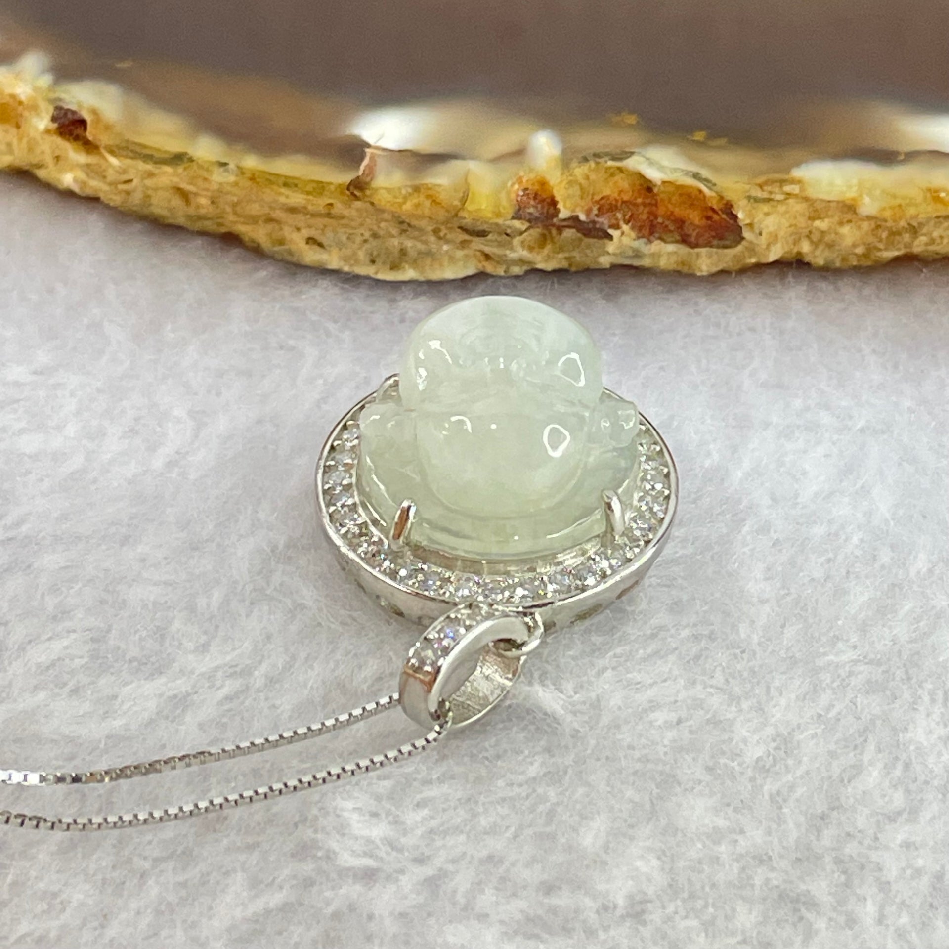 Type A Faint Green Lavender Milo Buddha with Crystals in S925 Sliver Pendant and Necklace 6.23g 14.9 by 14.9 by 7.5mm - Huangs Jadeite and Jewelry Pte Ltd