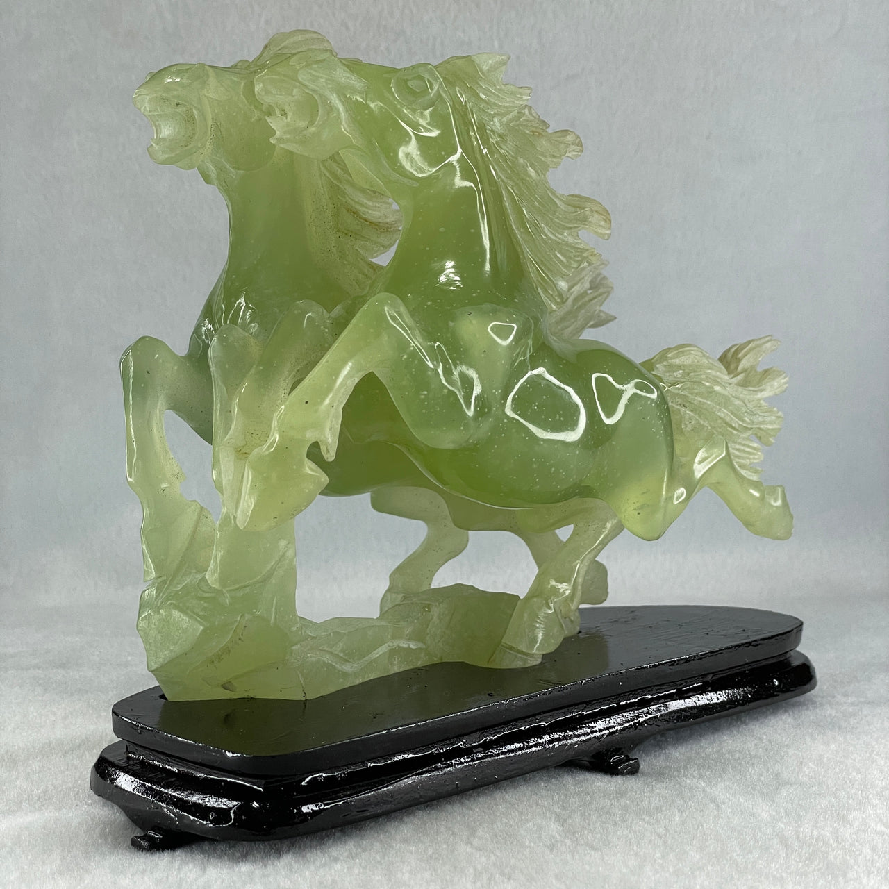 Natural Semi Icy Green Serpentine Double Horse with Wooden Stand Display 1119.9g 190.0 by 166.0 by 96.0mm - Huangs Jadeite and Jewelry Pte Ltd