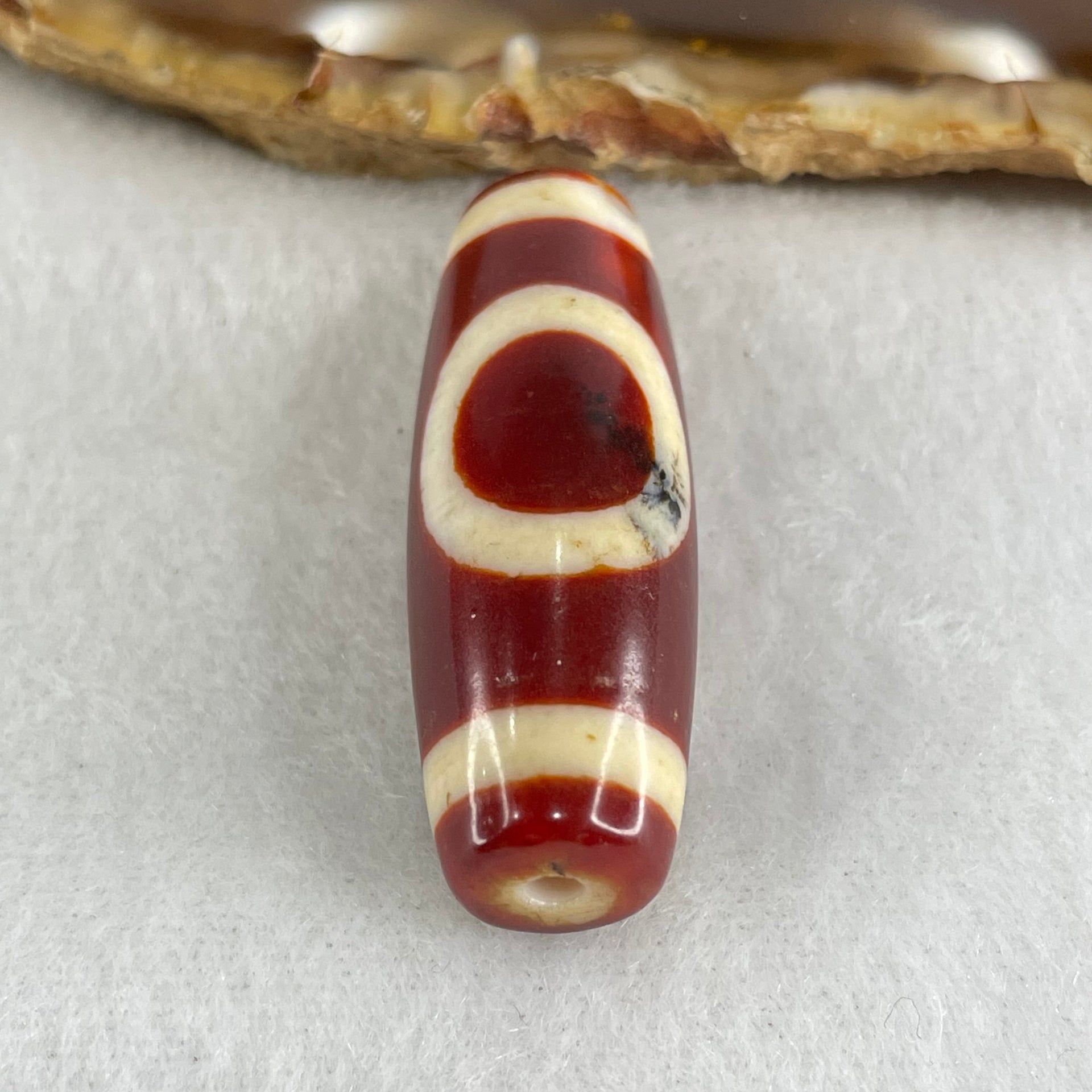 Natural Powerful Tibetan Old Oily Red White Agate One Eye Gold Metal Element Dzi Bead Heavenly Master (Tian Zhu) 一眼金天珠 10.59g 38.0 by 13.3mm - Huangs Jadeite and Jewelry Pte Ltd