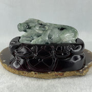 Natural Type A Light Green Light Lavender with Dark Green Patches Jadeite Ox with Wooden Stand Display 341.7g 116.5 by 73.9 by 66.0mm - Huangs Jadeite and Jewelry Pte Ltd