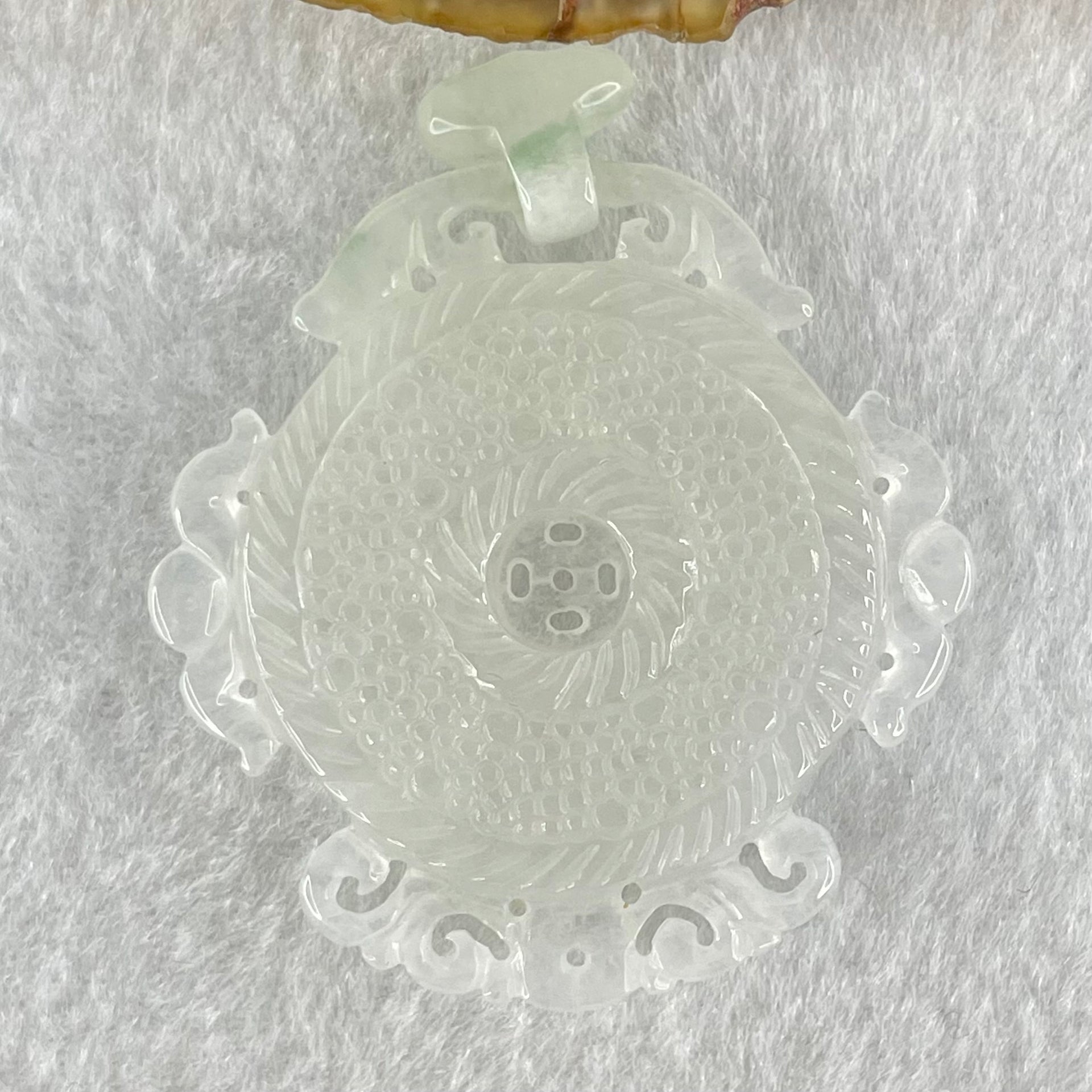 Type A Semi Icy White Jadeite Floral Ping An Kou Donut Pendant 16.76g 45.4 by 43.3 by 5.6mm - Huangs Jadeite and Jewelry Pte Ltd