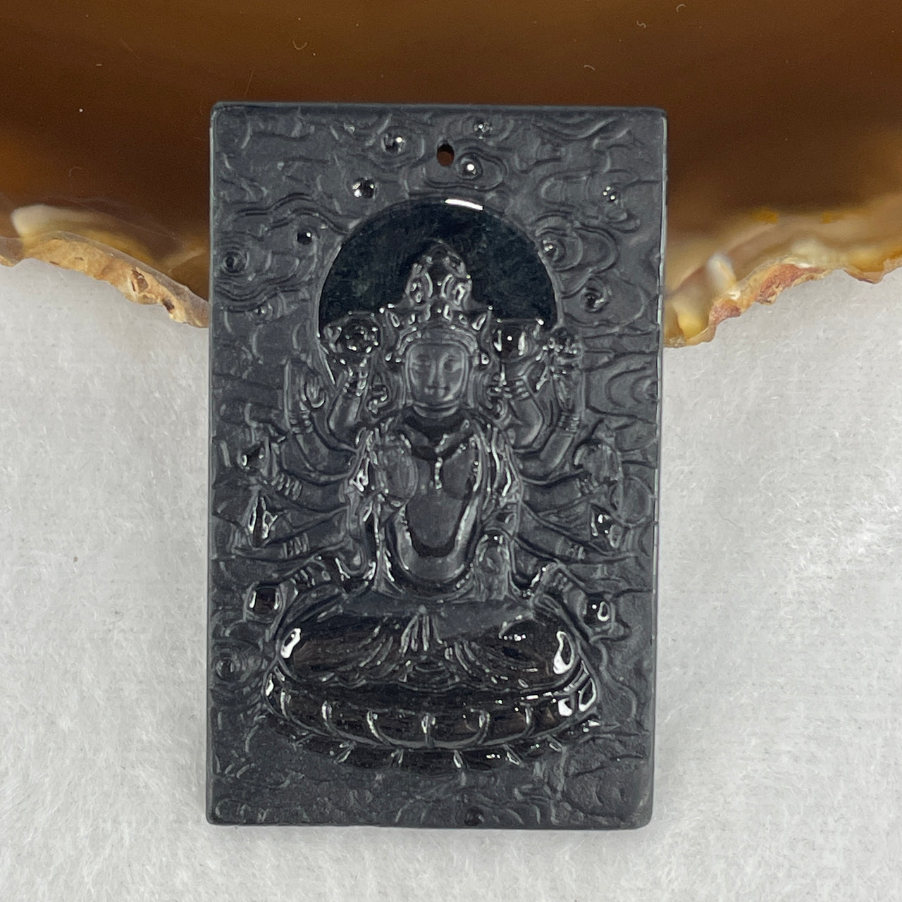 Certified Type A Opaque Black Omphacite Jadeite Thousand-Hand Guan Yin with Jade Emperor Pendant | 51.4mm Natural Black Jade Infinite Mercy & Celestial Authority Talisman (21.73g | 51.4 x 32.1 x 5.9mm)