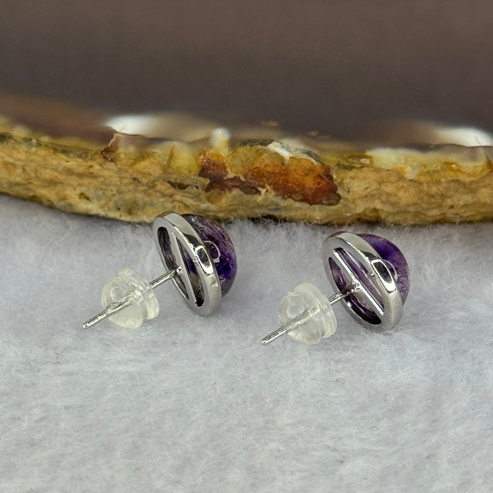 Good Grade Natural Super 7 S925 Sliver Earrings 2.21g 8.3 by 5.2mm - Huangs Jadeite and Jewelry Pte Ltd