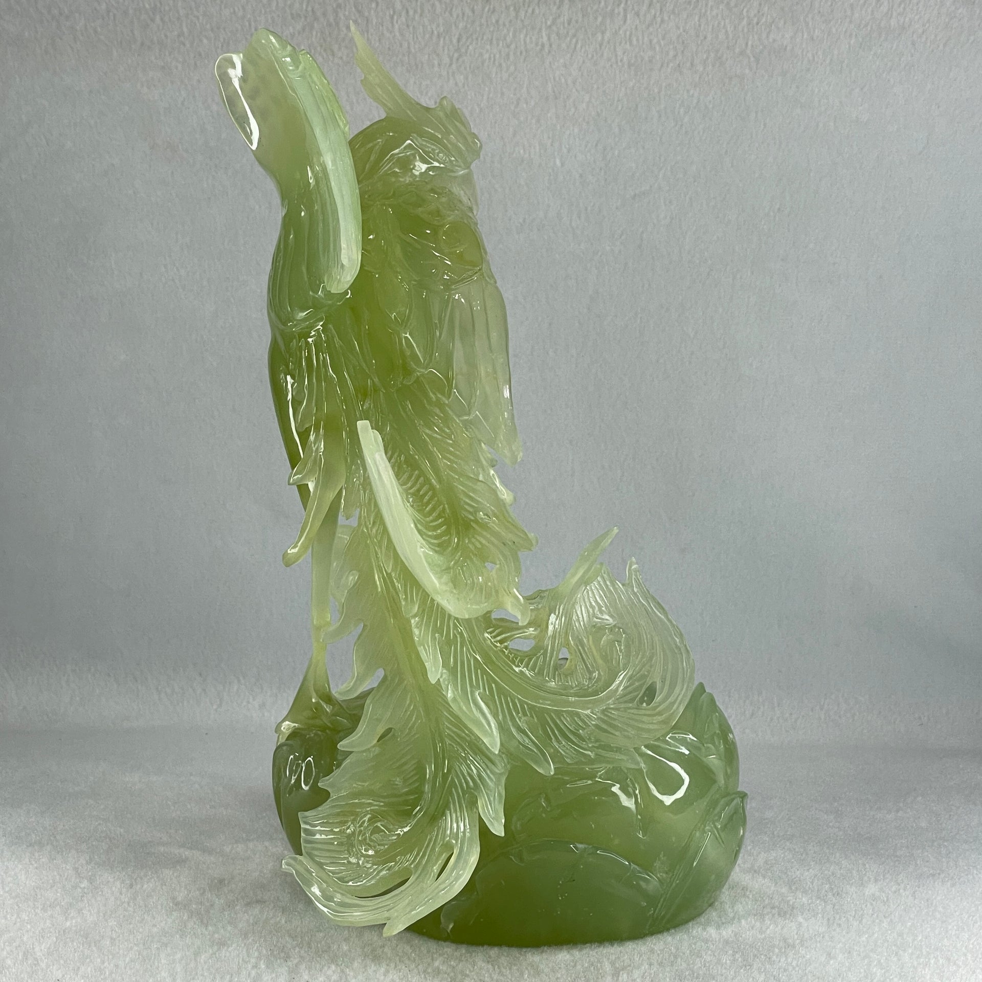 Natural Semi Icy Green Serpentine Phoenix on Pond and Flower Display 1,488.3g 175.0 by 230.0 by 129.0mm - Huangs Jadeite and Jewelry Pte Ltd