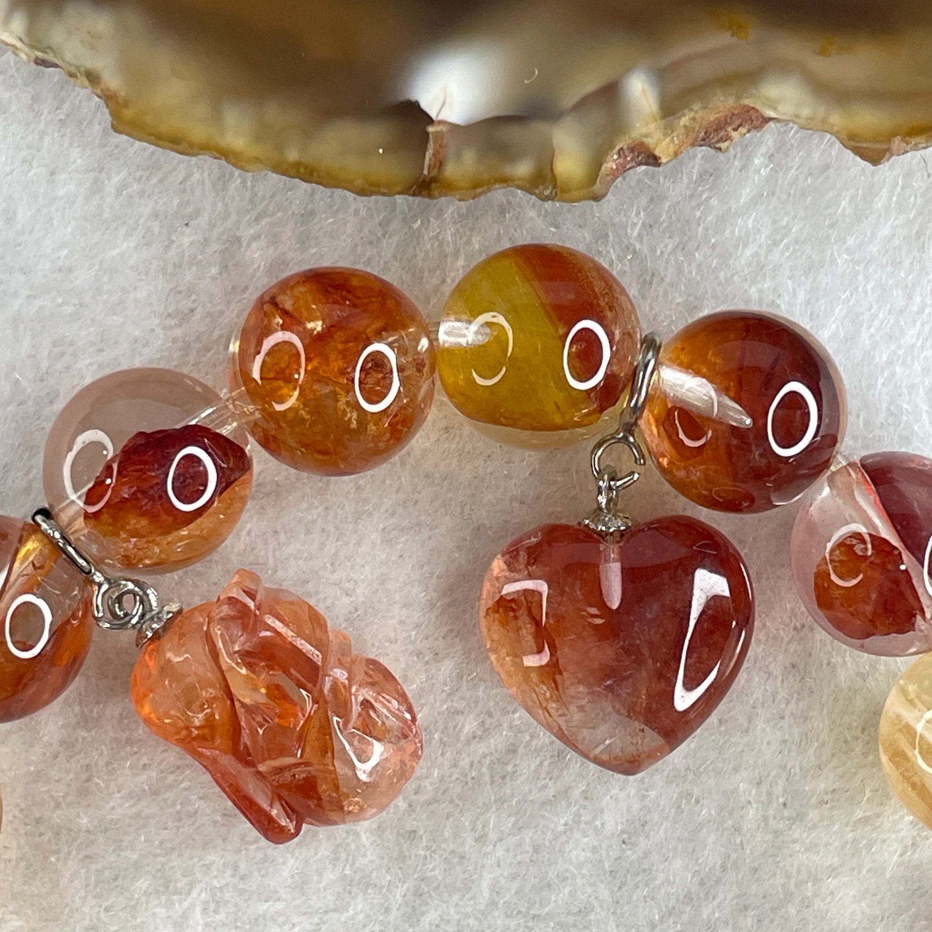 Good Grade Natural Red with Orange Ferruginous Quartz Beads with Heart Shape and Rabbit Charm Bracelet 31.41g 15.5cm 10.2mm 19 Beads - Huangs Jadeite and Jewelry Pte Ltd