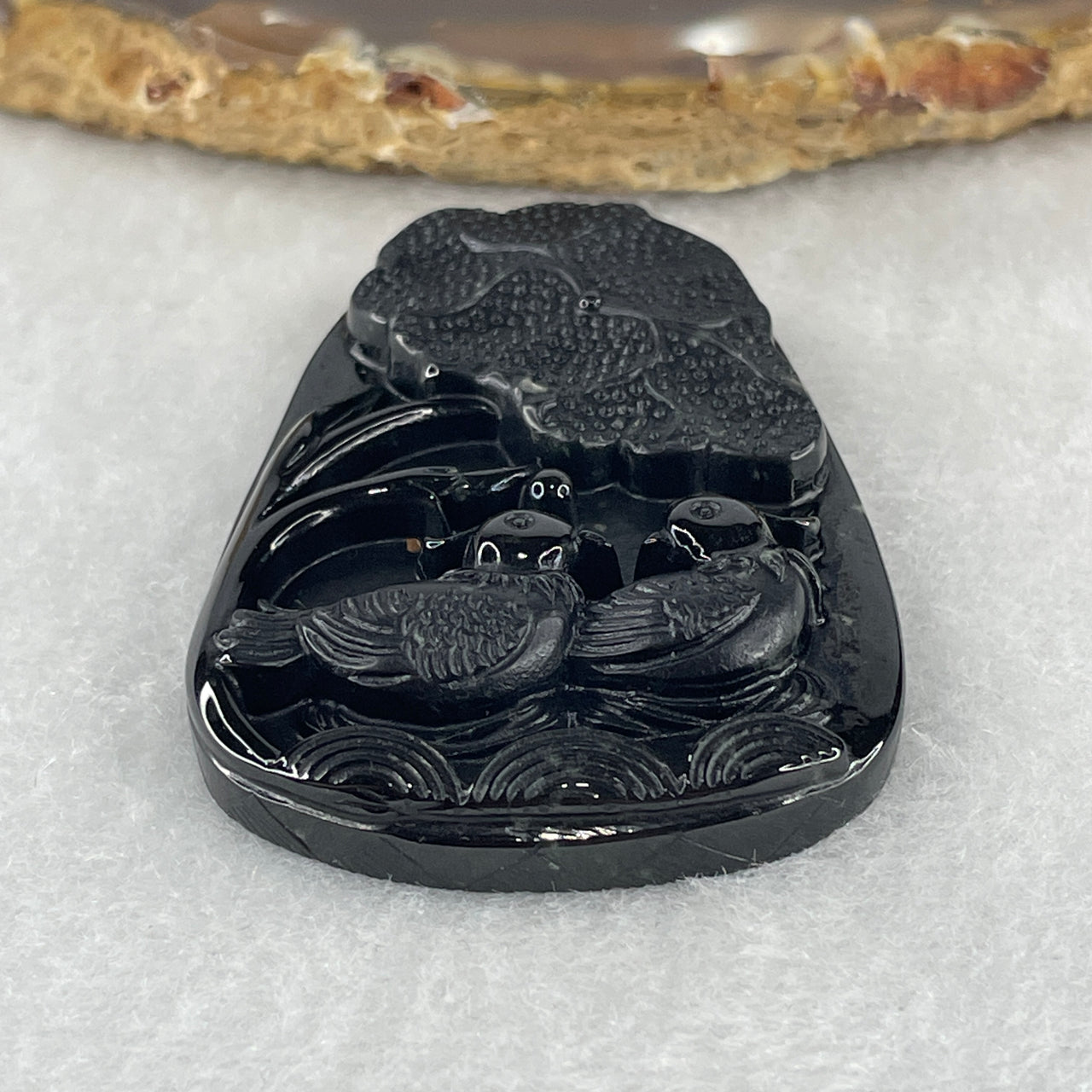 Certified Natural Type A Black Omphacite Jadeite Mandarin Ducks Pair and Lotus Leaf Pendant 20.65g 51.6 by 35.7 by 9.0mm