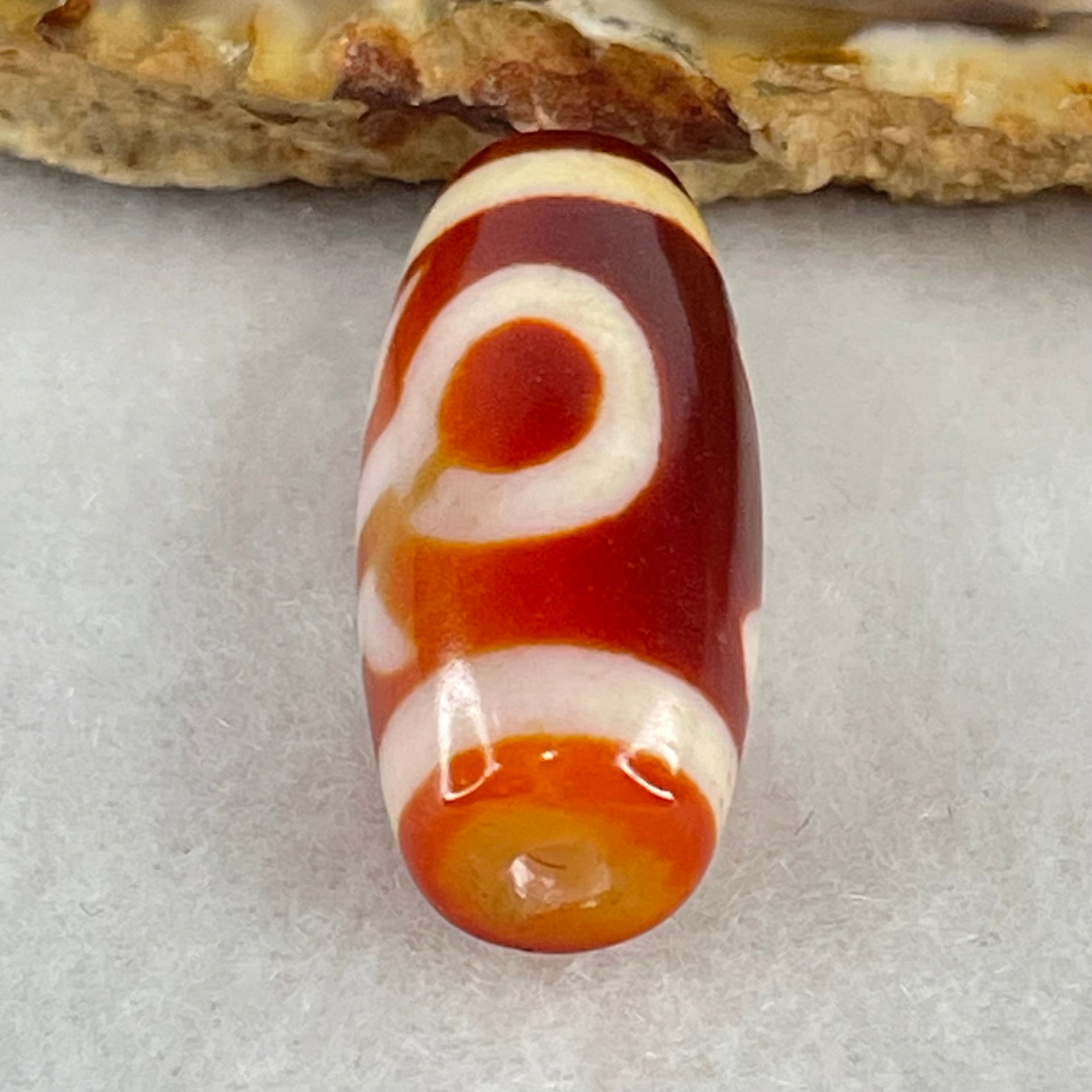 Natural Powerful Tibetan Old Oily Red White Agate Patina Guiren Tairen Human Benefactor Dzi Bead Heavenly Master (Tian Zhu) 贵人天珠 6.21g 28.3 by 12.1mm - Huangs Jadeite and Jewelry Pte Ltd