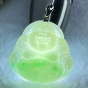 18K 750 White Gold Type A Green with Apple Green Milo Buddha Pendant 20.73g 34.3 by 35.3 by 10.80mm - Huangs Jadeite and Jewelry Pte Ltd
