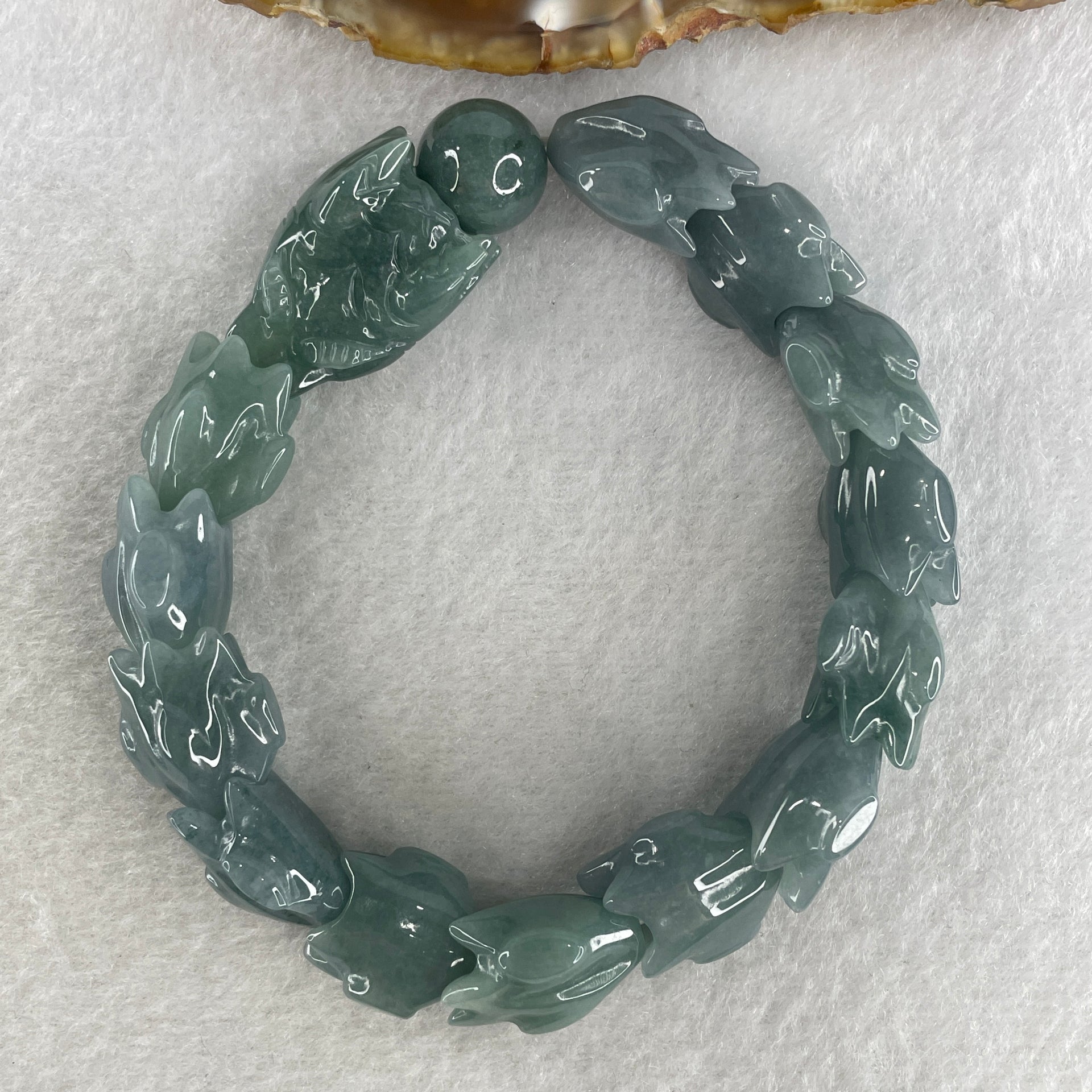 Certified Natural Type A Blueish Green Jadeite Dragon Bracelet 55.07g 16.5cm 16.0mm Dragon Head - 14.0mm 13 Pcs - Huangs Jadeite and Jewelry Pte Ltd
