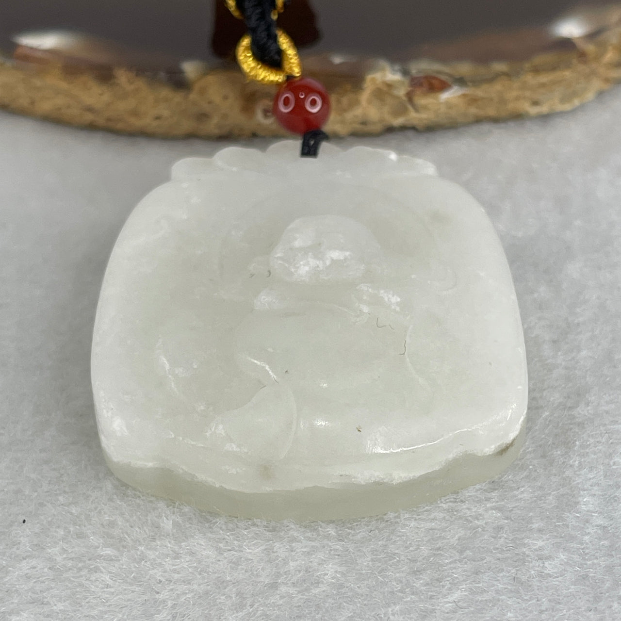 Certified Natural Nephrite Buddha Pendant 43.80g - 46.3x40.2x11.5mm - Full White Grade A Untreated Nephrite - Milo Laughing Buddha Sculpture