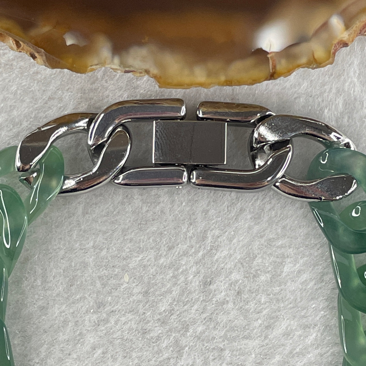 Certified Natural Type A Semi Icy Light Blueish Green Jadeite Cuban Tennis Bracelet with Stainless Steel Clap 18.17g 16cm 11.0 by 15.3 by 3.0mm 16 Pcs