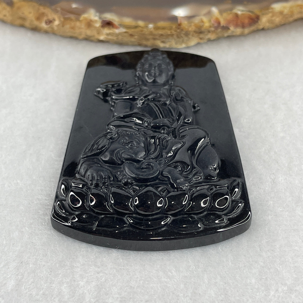 Certified Type A Opaque Black Omphacite Jadeite Bodhisattva Samantabhadra on Elephant Pendant | Action & Great Practice Talisman (23.56g | 59.0 x 39.8 x 9.0mm)