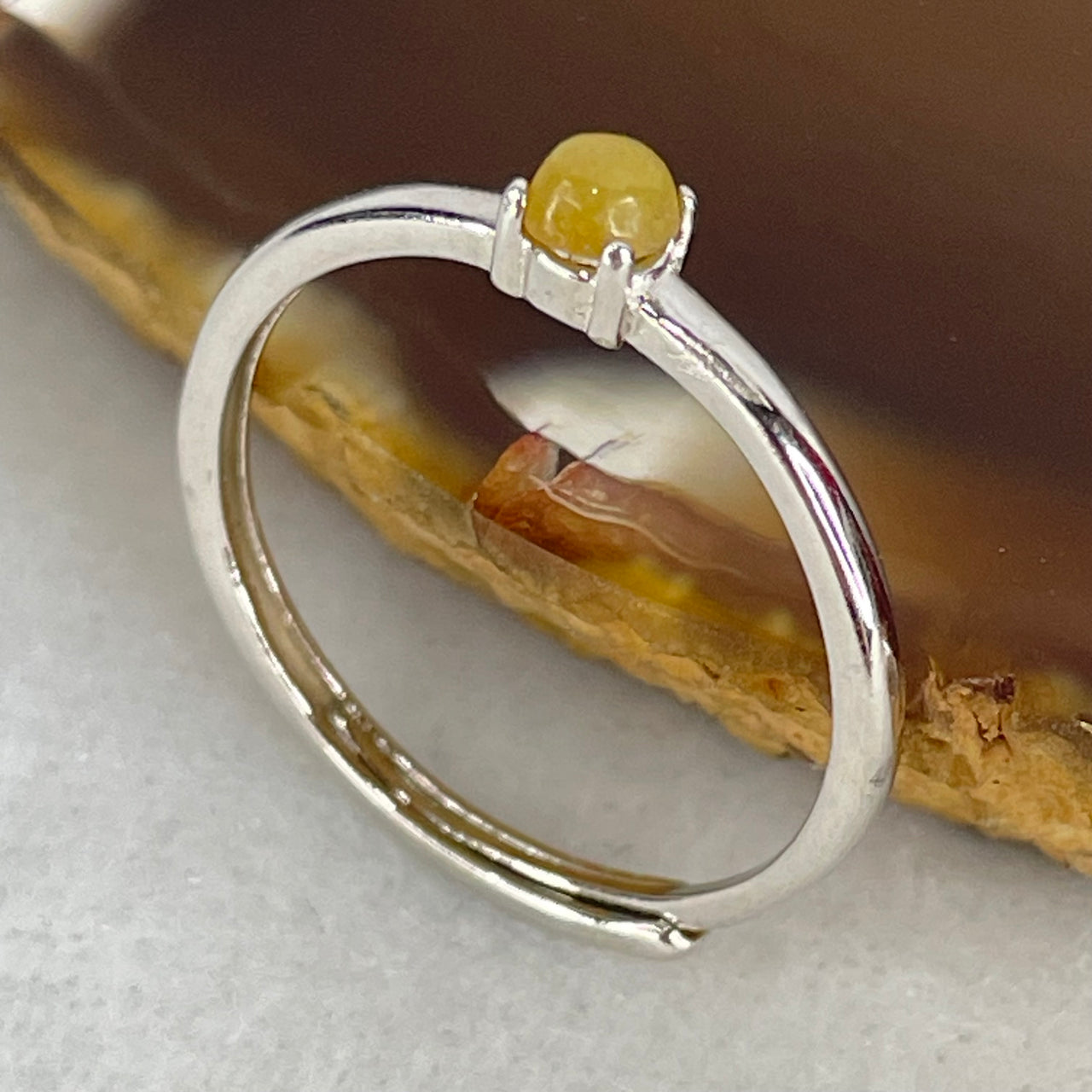 Type A Brown Cabochon Jadeite in S925 Sliver Ring (Adjustable Size) 0.87g 3.3 by 2.5mm - Huangs Jadeite and Jewelry Pte Ltd