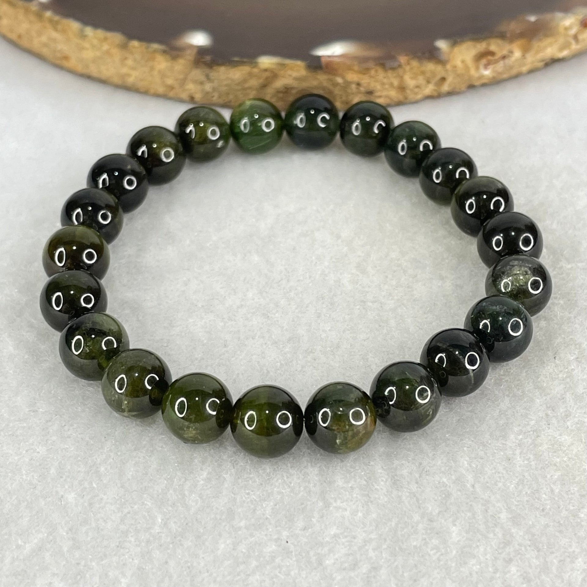 Above Average Grade Natural Green Cats Eye Tourmaline Beads Bracelet 22.44g 16cm 8.8mm 22 Beads - Huangs Jadeite and Jewelry Pte Ltd