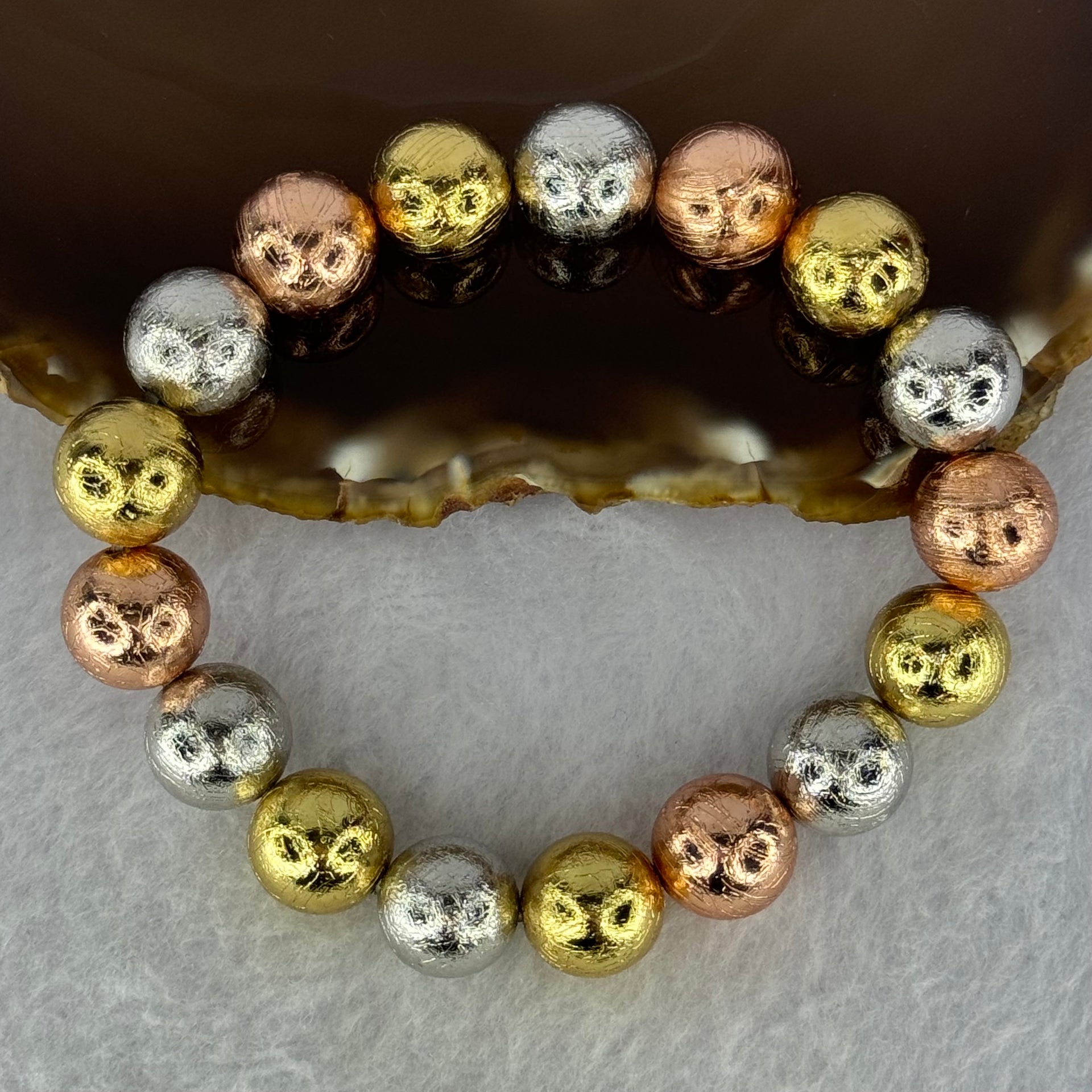 Natural Meteorite Sliver, Gold and Rose Gold Color Beads Bracelet 125.96g 18cm 12.4mm 17 Beads - Huangs Jadeite and Jewelry Pte Ltd