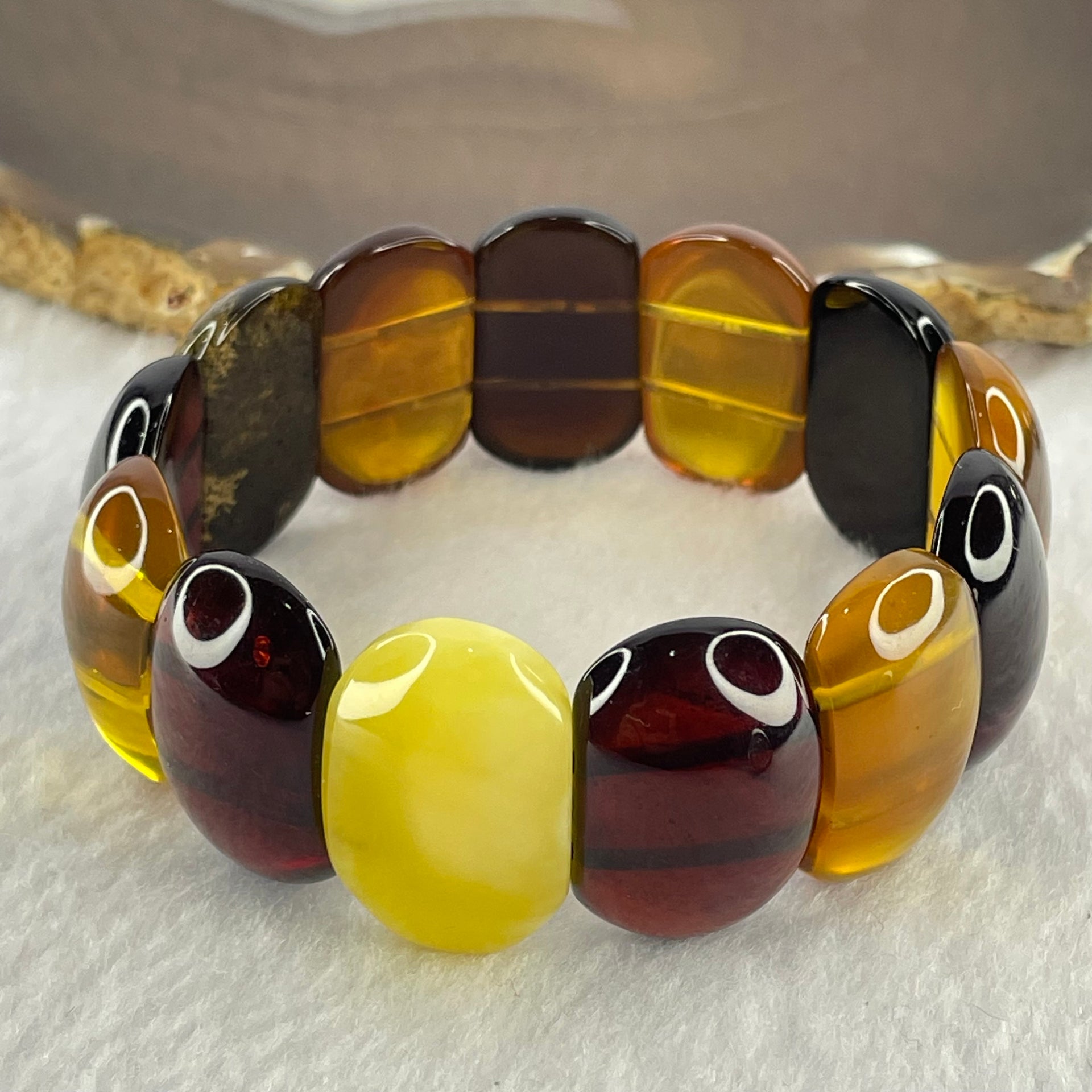 Natural Mixed Color Amber Bracelet 天然多宝琥珀手链 25.74g 18cm 25.2 by 16.4 by 7.5mm 13pcs - Huangs Jadeite and Jewelry Pte Ltd