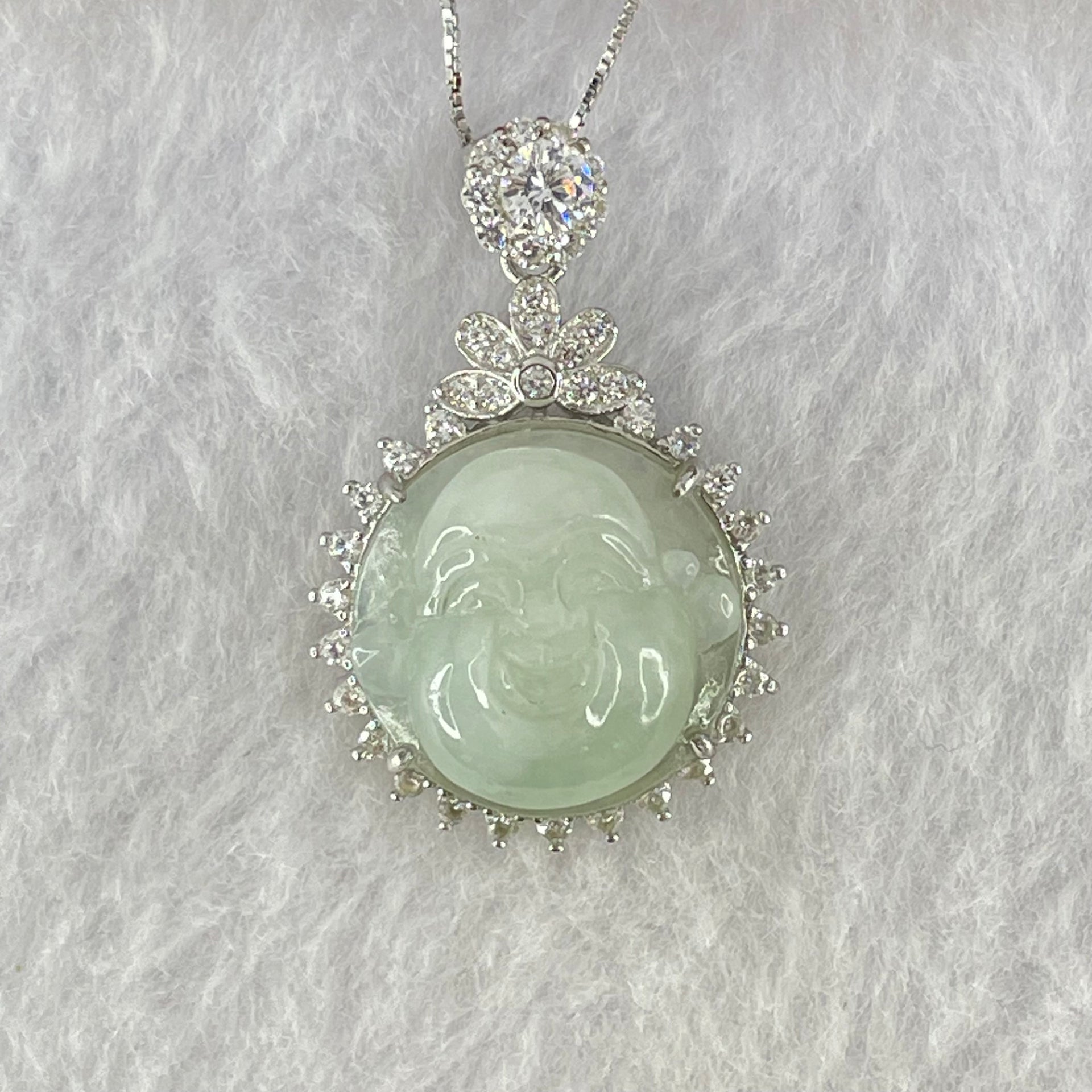 Type A Faint Green Lavender Milo Buddha with Crystals in S925 Sliver Pendant and Necklace 7.16g 16.5 by 16.5 by 9.4mm - Huangs Jadeite and Jewelry Pte Ltd