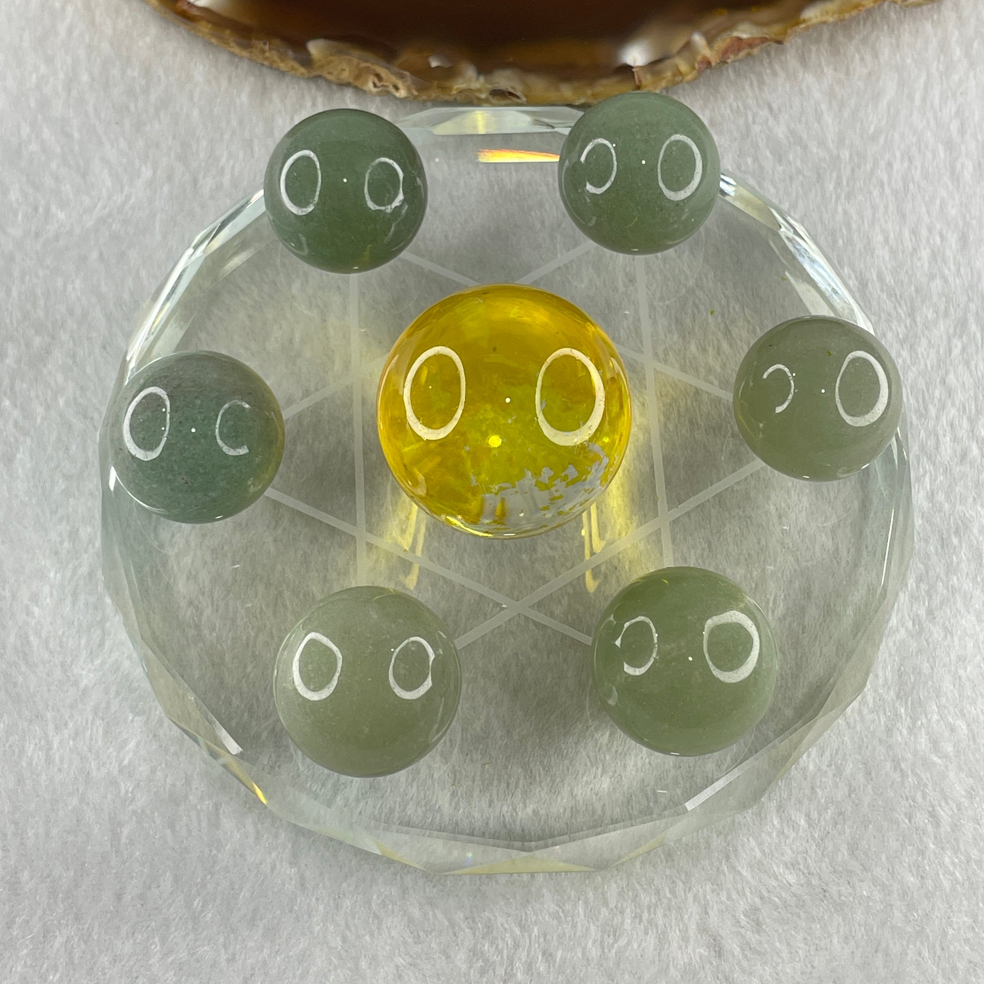 Natural Green Aventurine 20.8mm with Yellow Liuli 29.5mm 7 Sphere Balls Set with 7 Star Base Display 332.9g 100.8 by 40.5mm - Huangs Jadeite and Jewelry Pte Ltd