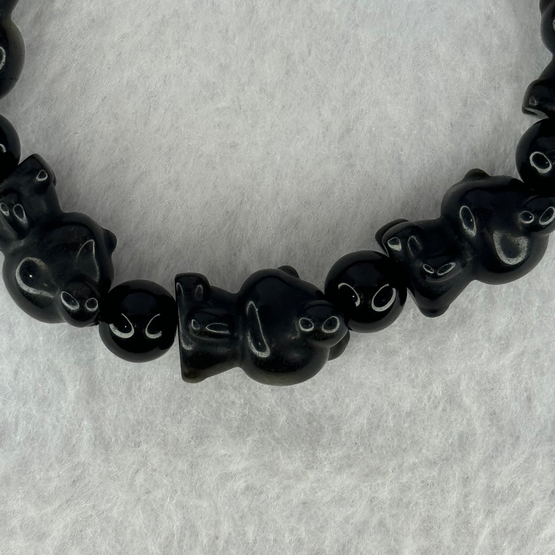 Obsidian Bear 17.5 by 12.8 by 11.7mm 8pcs and Beads 8.3mm 8pcs Charms Bracelet 27.92g 15.5cm - Huangs Jadeite and Jewelry Pte Ltd