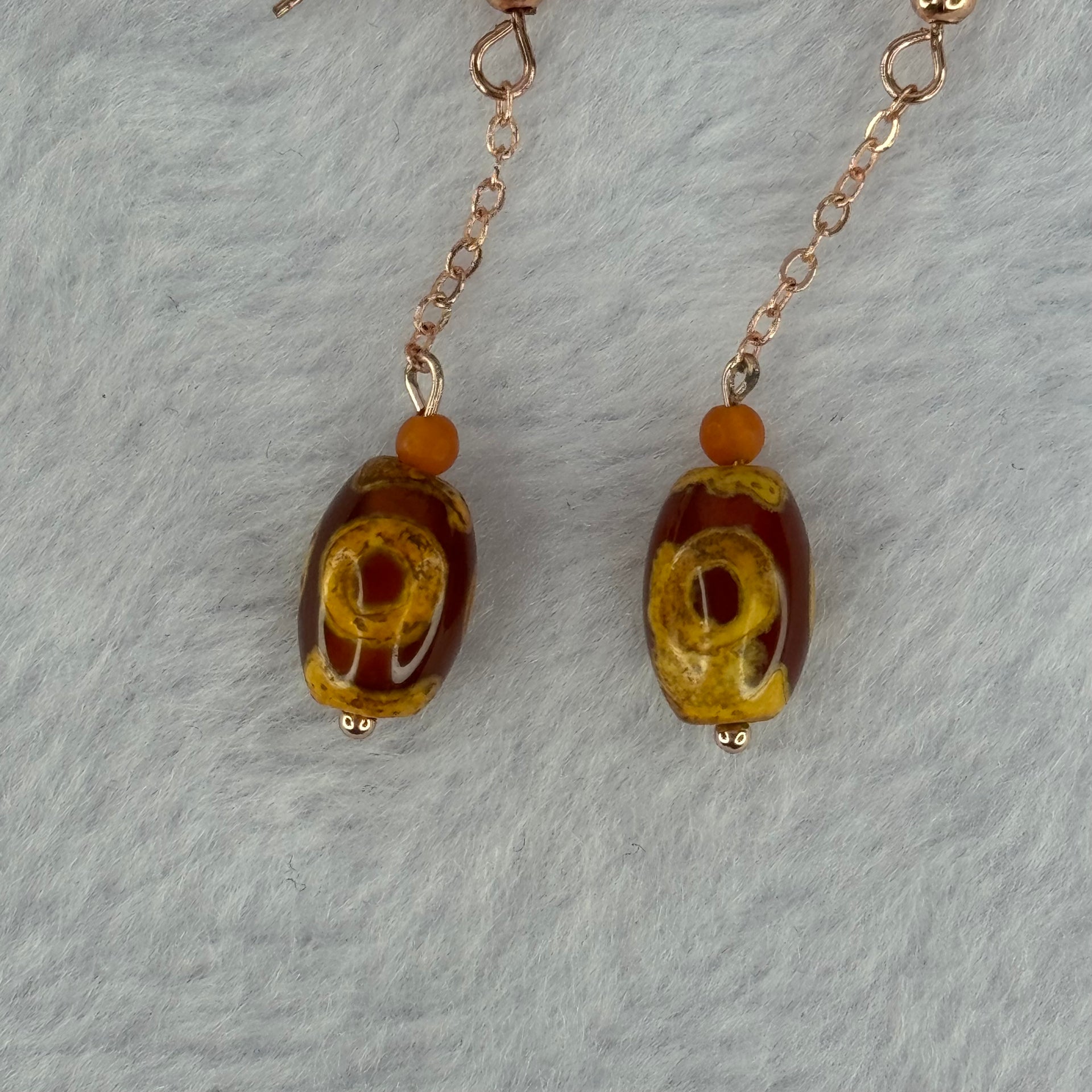 Natural Powerful Tibetan Old Oily Red Yellowish White Agate 3 Eyes Dzi Bead Heavenly Master (Tian Zhu) 三眼天诛 in S925 Sliver Rose Gold Color Earrings 2.92g 11.8 by 8.2mm - Huangs Jadeite and Jewelry Pte Ltd