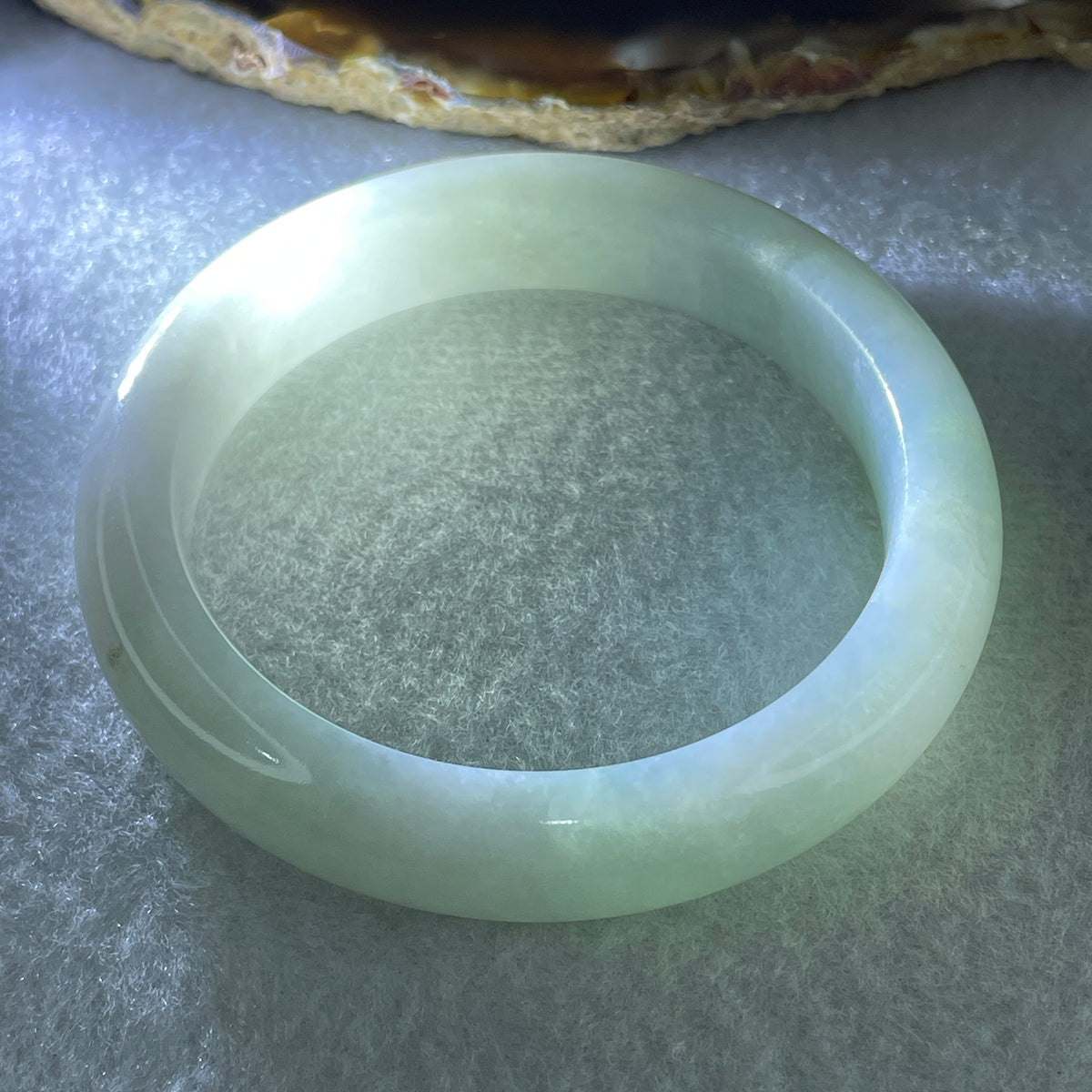 Natural Type A Jelly Light Green & Faint Lavender Jadeite Bangle | (49.99g | 52.1mm Inner Diameter | 11.8mm x 8.5mm | Perfect | Synergy, "Zi Qi Dong Lai" Noble Benefactor Magnet & Feng Shui Serenity Anchor) - Huangs Jadeite and Jewelry Pte Ltd