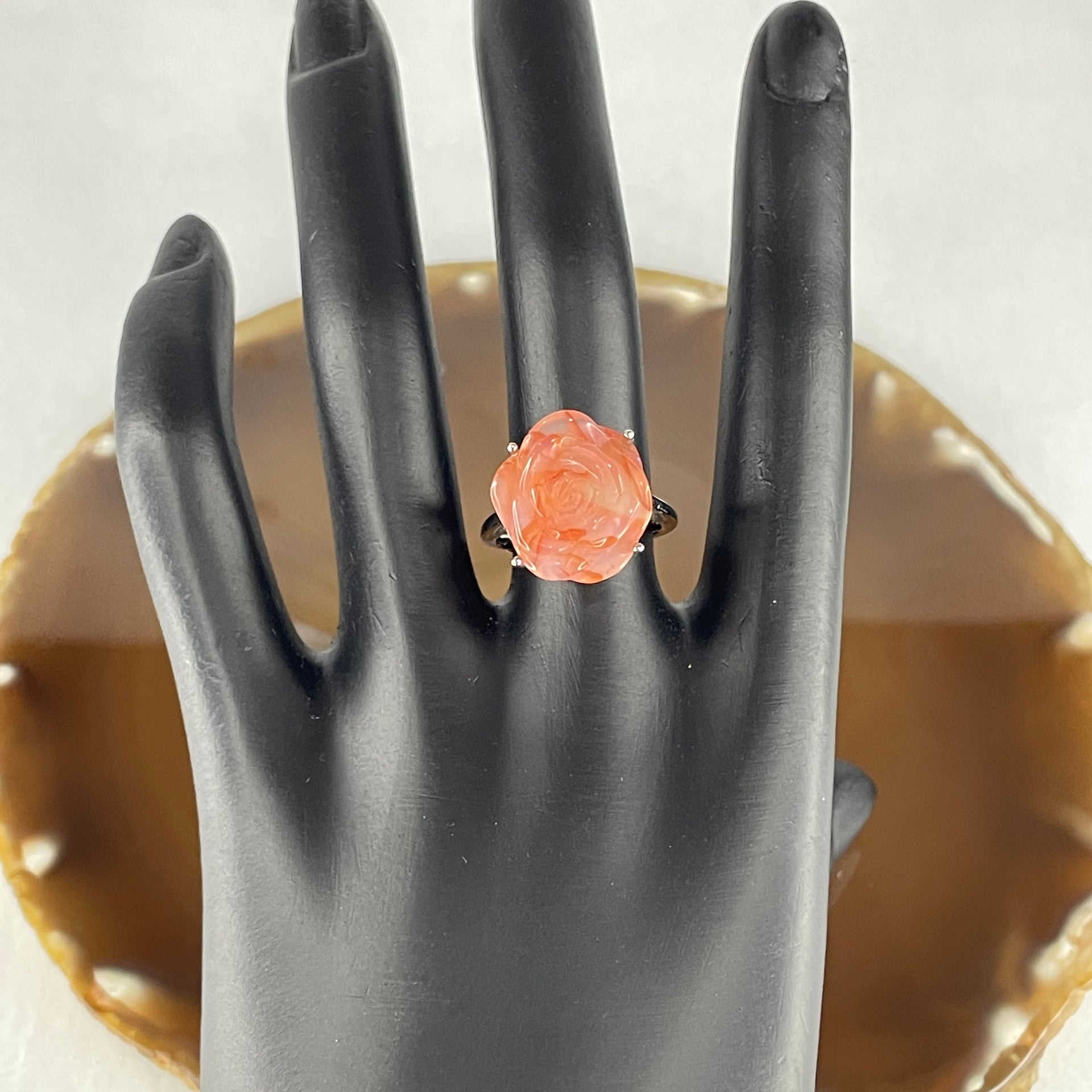 Natural Pink Agate Flower Ring in S925 Sliver 4.98g 16.7 by 15.4 by 8.5mm (Adjustable Size) - Huangs Jadeite and Jewelry Pte Ltd