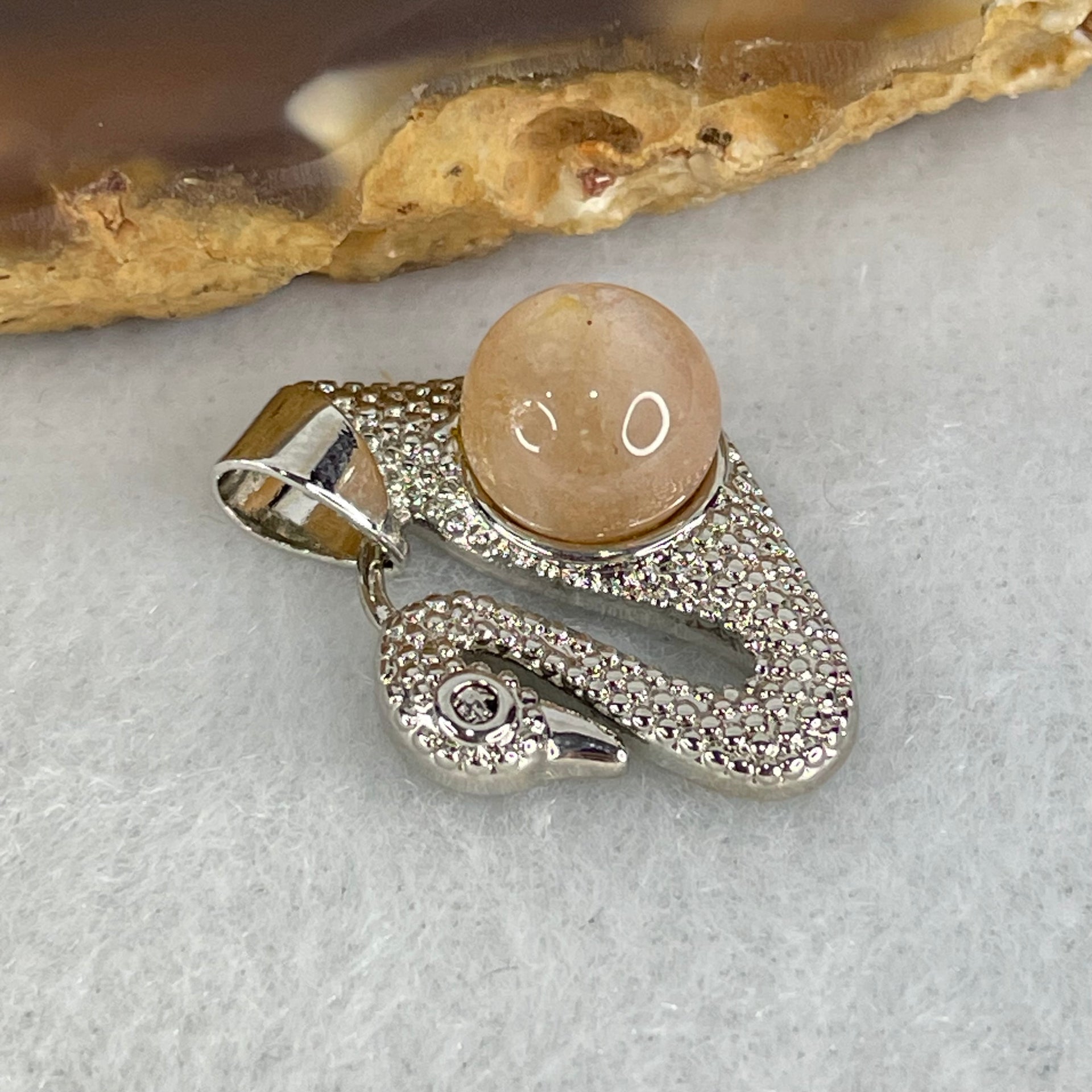 Natural Sunstone Bead with Crystals in S925 Sliver Swan Charm 3.16g 7.6mm - Huangs Jadeite and Jewelry Pte Ltd