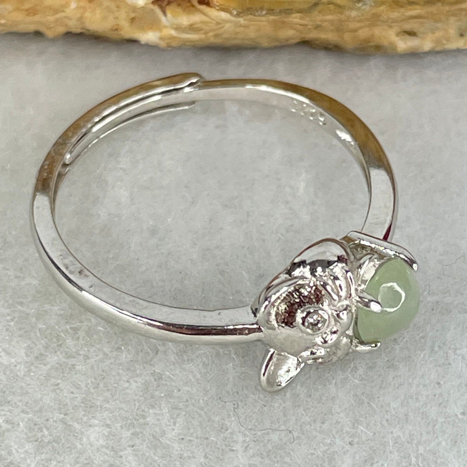 Type A Semi Icy Green Cabochon Jadeite in S925 Sliver Rat Ring (Adjustable Size) 1.54g 4.9 by 3.0mm - Huangs Jadeite and Jewelry Pte Ltd