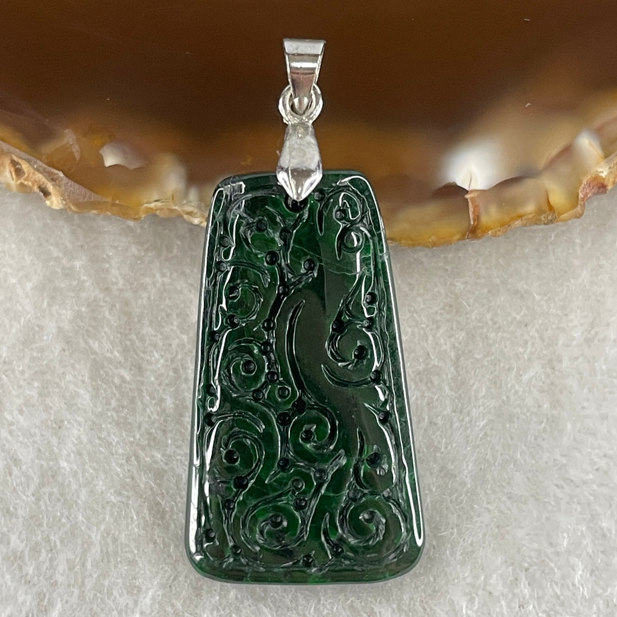 Natural Type A Old Mine Full Green Jadeite Wu Shi Pai Flower Carving Pendant | Peace Plaque & Floral Talisman (5.19g | 30.2 x 17.6 x 3.8mm) - Huangs Jadeite and Jewelry Pte Ltd