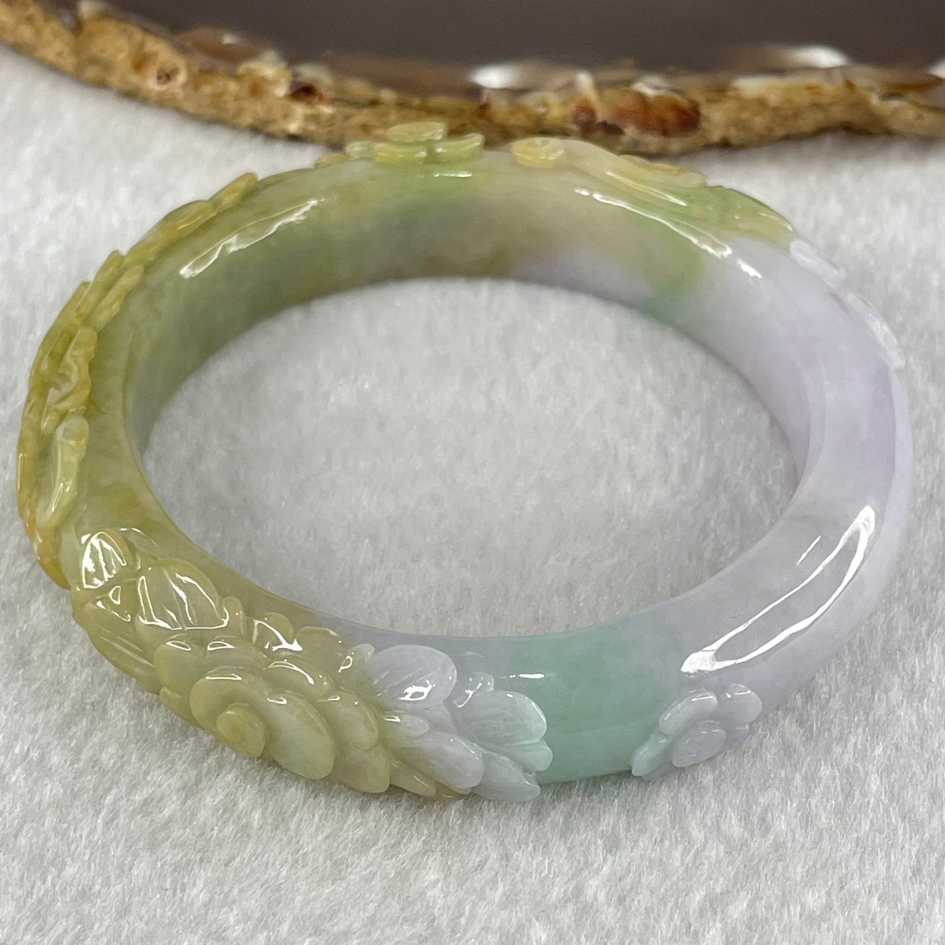 Type A Brownish Green with Lavender Jadeite Prosperity Flowers Bangle 64.22g Internal Diameter 54.6mm 14.2 by 10.3mm (Very Fine Internal Line) - Huangs Jadeite and Jewelry Pte Ltd