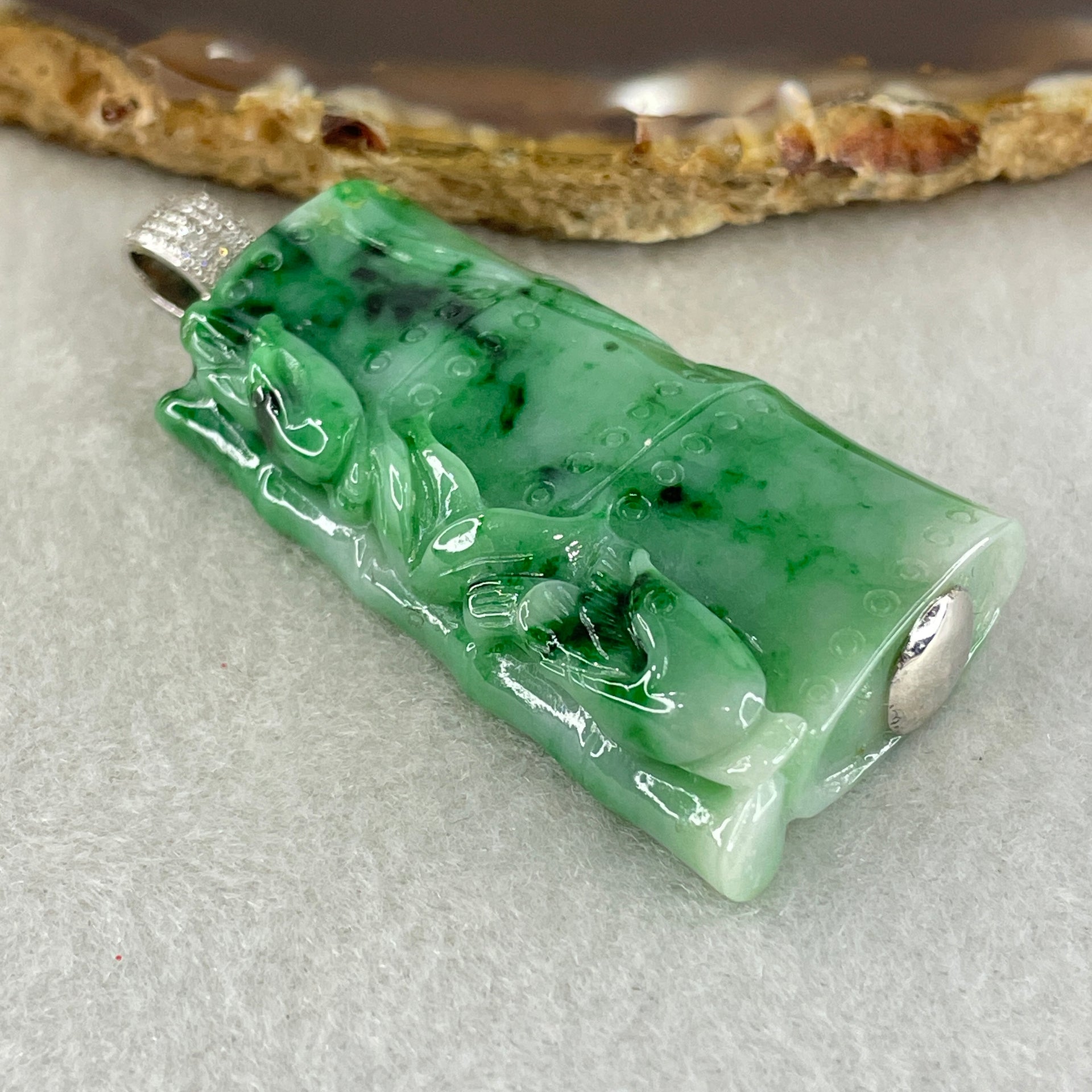 Antique Natural Type A Translucent Light Green with Old Mine Spicy Green and Dark Green Piao Hua Jadeite Bamboo and Twin Birds approx. 46.97 by 26.74 by 9.64mm in 18K White Gold and Natural Diamond Pendant 34.95g (108.66cts) BIG Cert. B010996 - Huangs Jadeite and Jewelry Pte Ltd