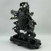 Natural Dark Green Nephrite Cricket Pair on Grapes Plant with Wooden Display 2,429.6g 241.0 by 100.0 by 260.0mm - Huangs Jadeite and Jewelry Pte Ltd