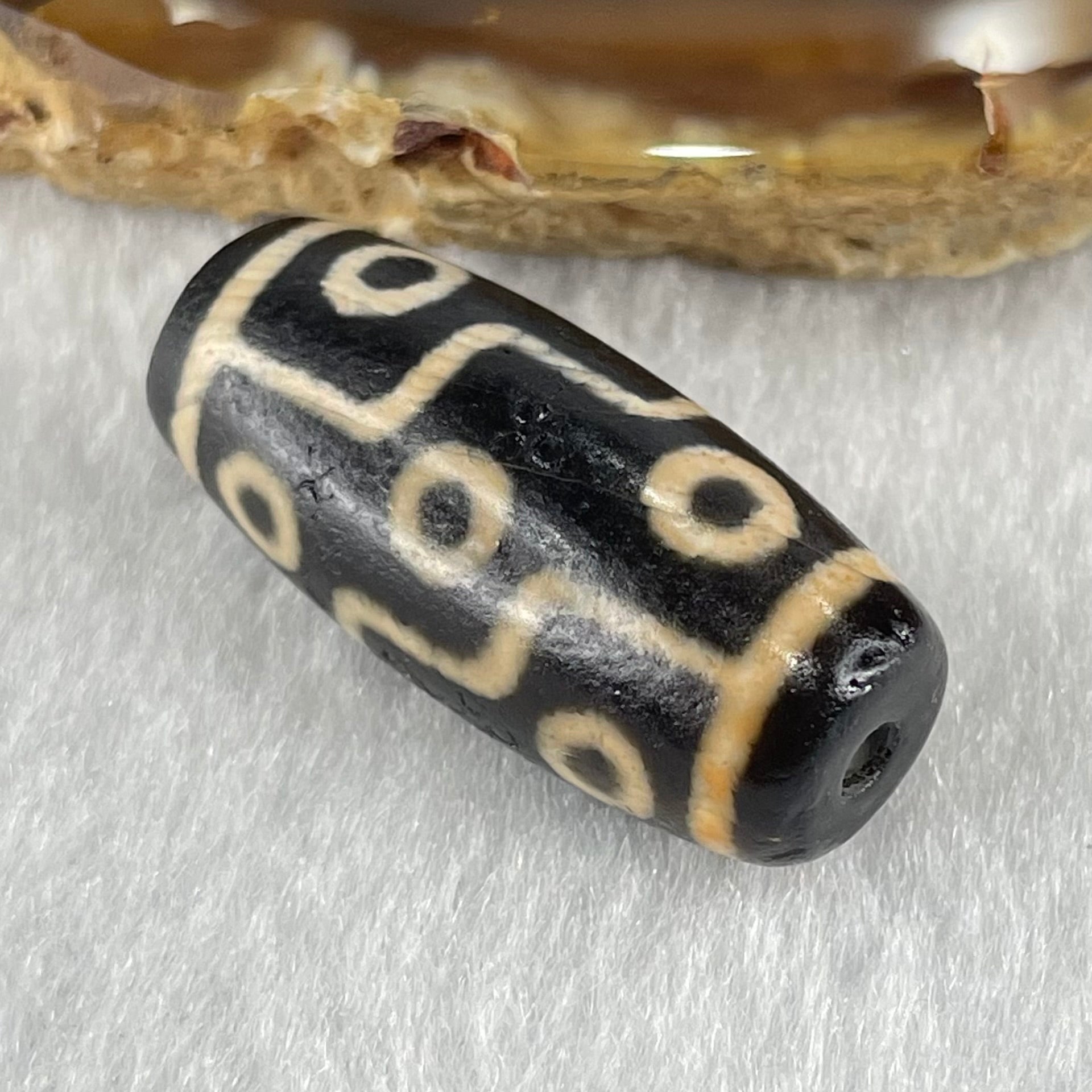 Natural Powerful Tibetan Old Oily Dark Brown with Yellowish White Agate 9 Eyes Dzi Bead Heavenly Master (Tian Zhu) 九眼天诛 6.62g 28.0 by 12.4mm - Huangs Jadeite and Jewelry Pte Ltd