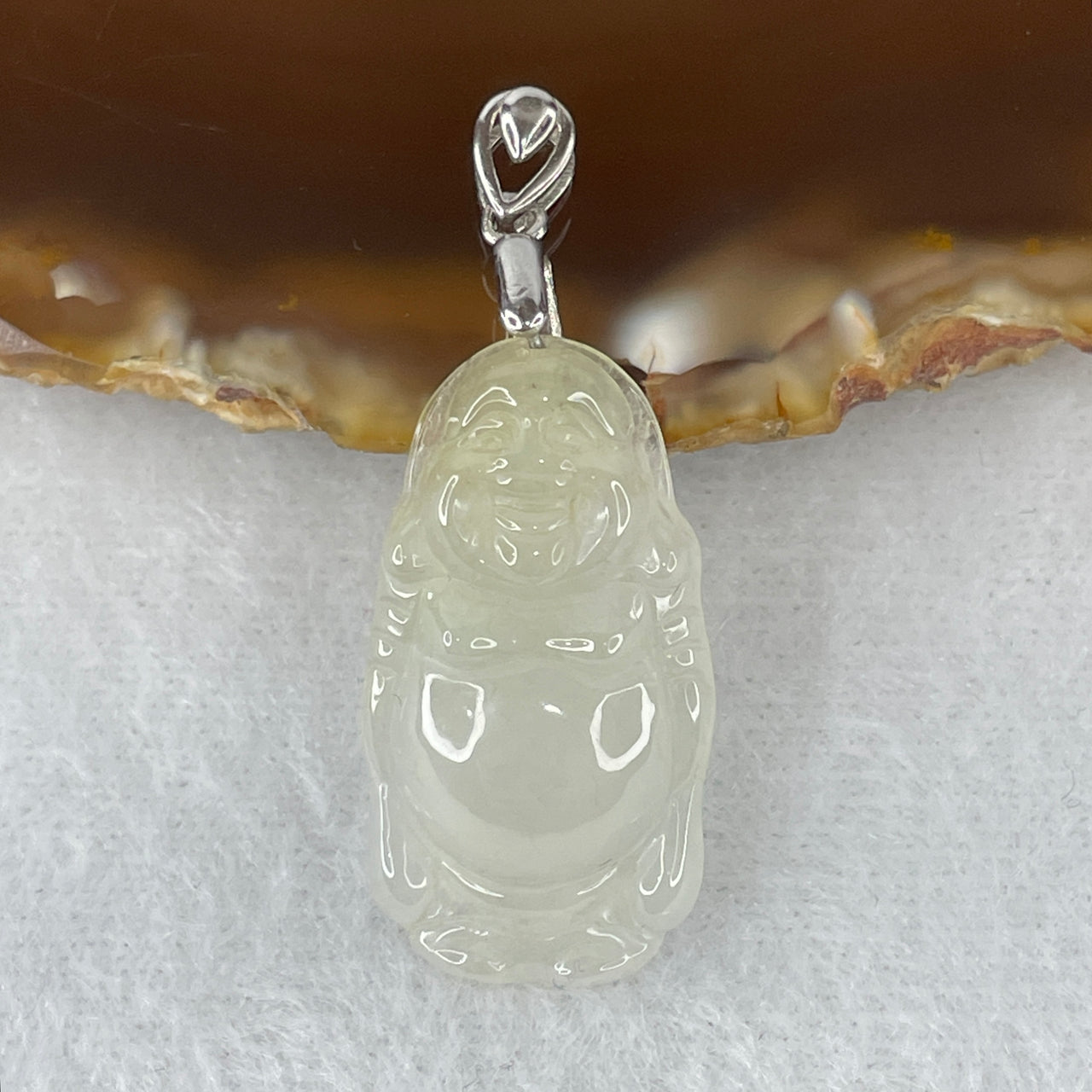 Natural Type A Icy Colorless Jadeite Laughing Milo Buddha Pendant | Vivid Imperial Yellowish Fortune Spot | Custom S925 Sterling Silver Clasp (4.41g | 28.7x15.5x5.4mm)