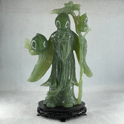 Natural Dark Green Serpentine Shou Xing Gong with Longevity Peach with Wooden Stand Display 1,383.8g 167.0 by 265.0 by 62.0mm - Huangs Jadeite and Jewelry Pte Ltd