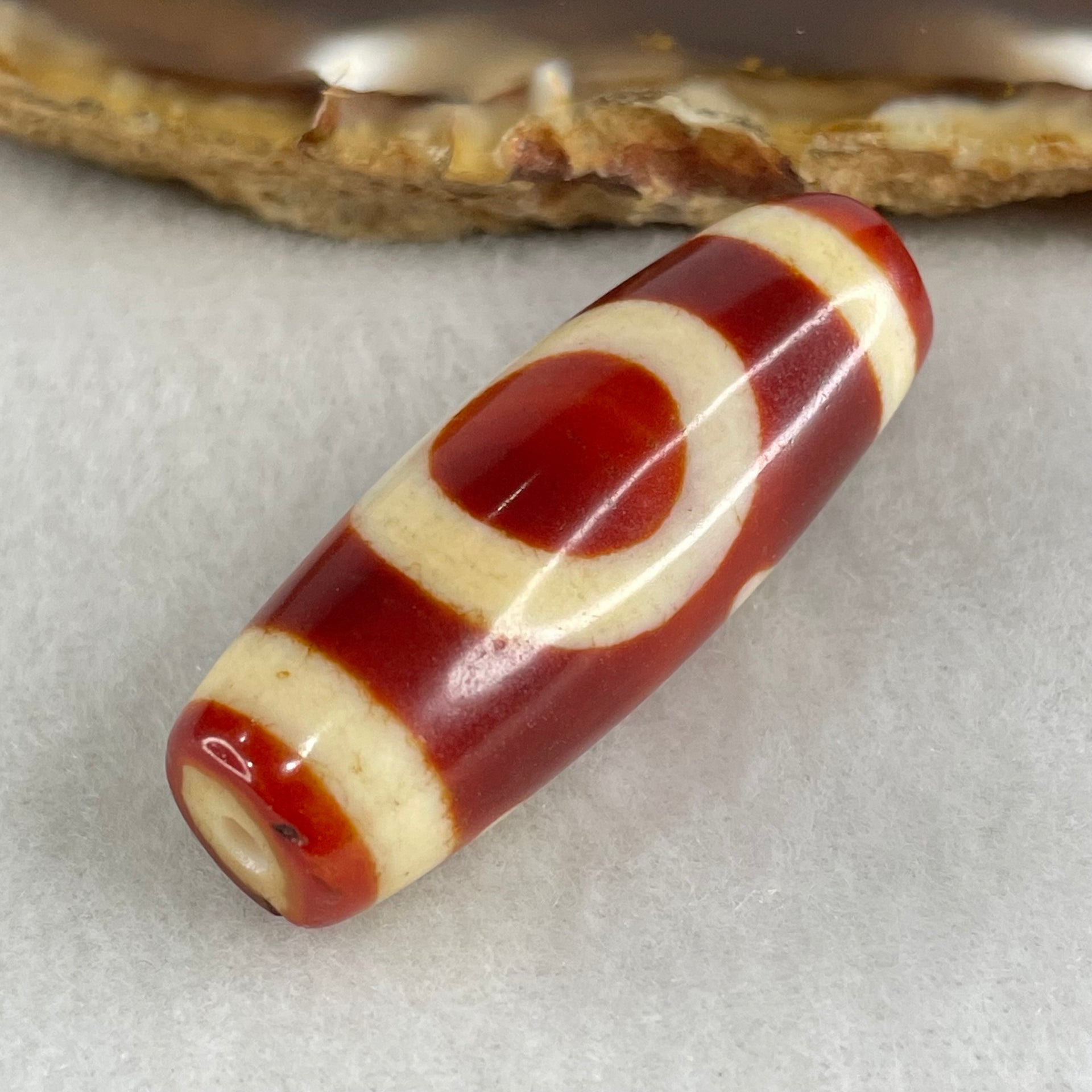 Natural Powerful Tibetan Old Oily Red White Agate One Eye Gold Metal Element Dzi Bead Heavenly Master (Tian Zhu) 一眼金天珠 11.50g 38.6 by 13.9mm - Huangs Jadeite and Jewelry Pte Ltd