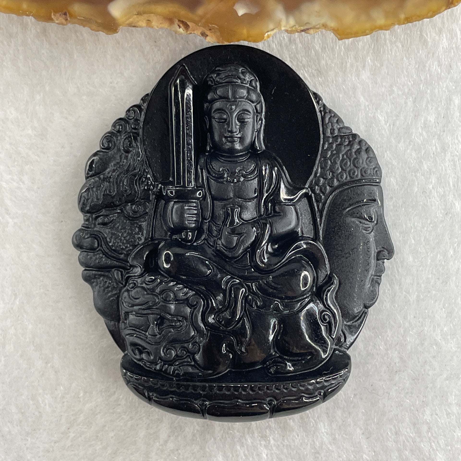 Type A Opaque Black Omphacite Jadeite Good Vs Evil Manjushri Bodhisattva Pendant Rabbit Zodiac Guardian 35.89g 51.2 by 44.3 by 10.0mm - Huangs Jadeite and Jewelry Pte Ltd