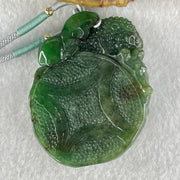 Type A Old Mine Dark Blueish Green Jadeite Double Sided Triple Fish Coin and Ruyi Pendant 41.63g 52.9 by 41.1 by 12.9mm - Huangs Jadeite and Jewelry Pte Ltd