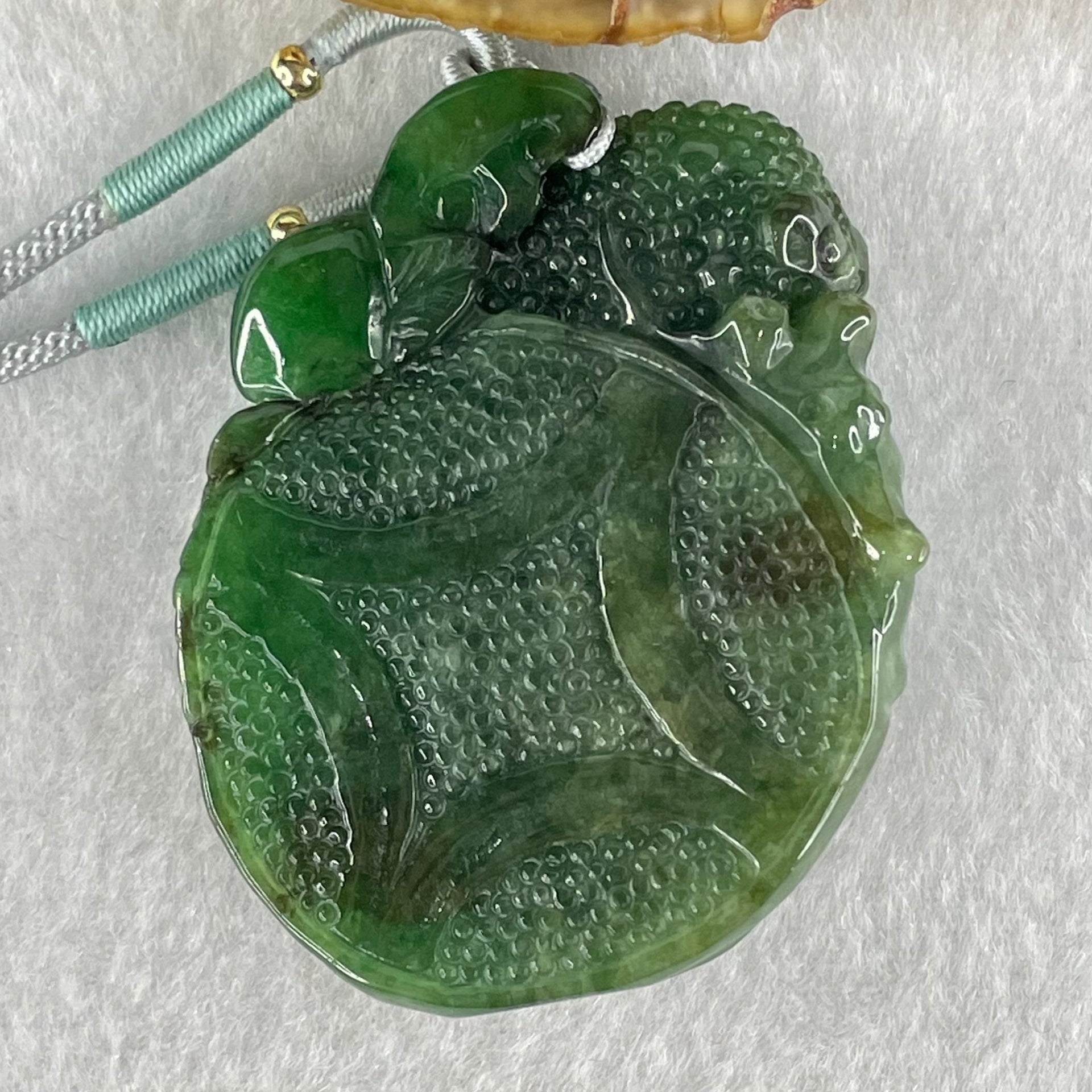 Type A Old Mine Dark Blueish Green Jadeite Double Sided Triple Fish Coin and Ruyi Pendant 41.63g 52.9 by 41.1 by 12.9mm - Huangs Jadeite and Jewelry Pte Ltd